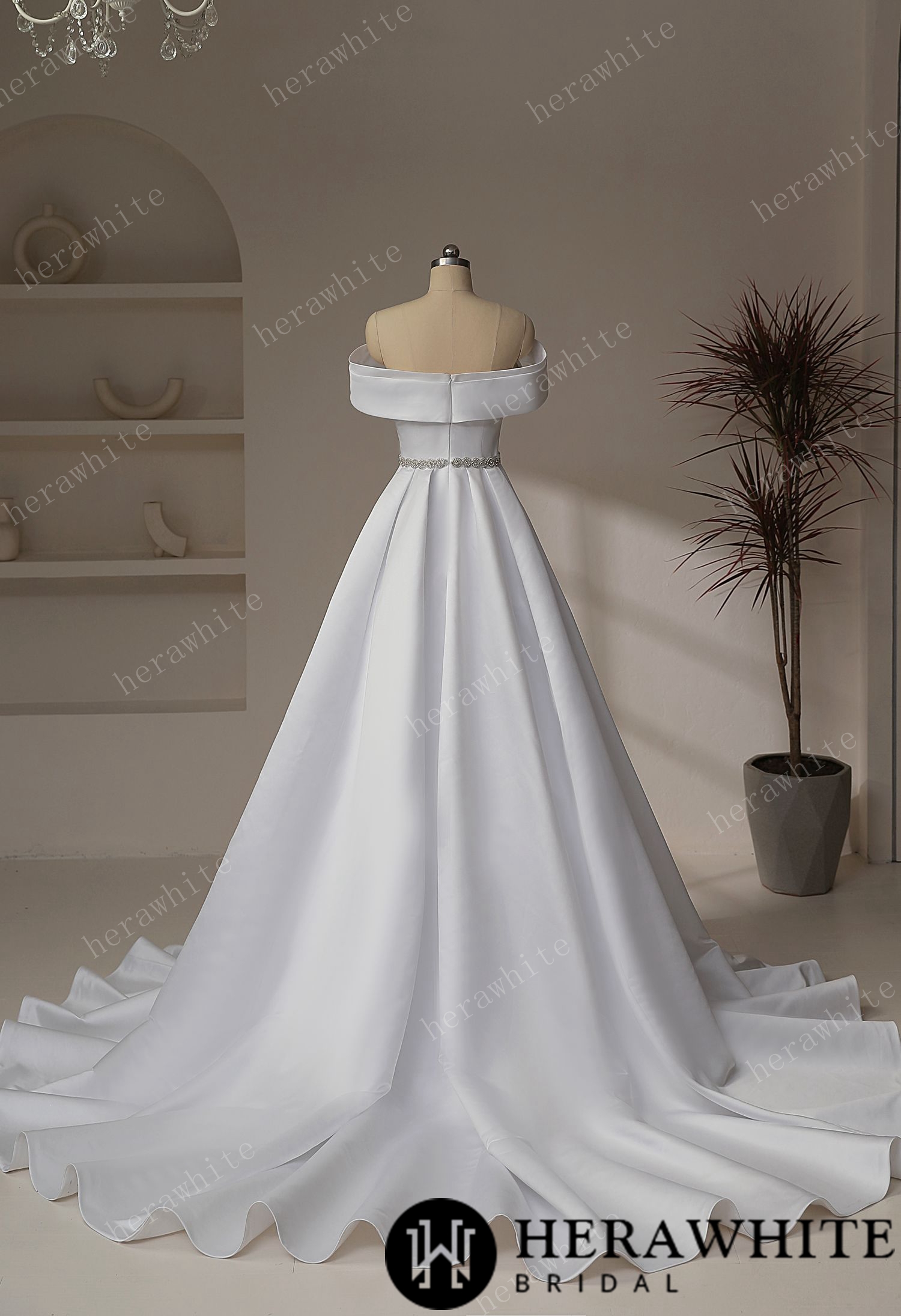 Exquisite Off-Shoulder Satin Wedding Dress with Crystal Waistband