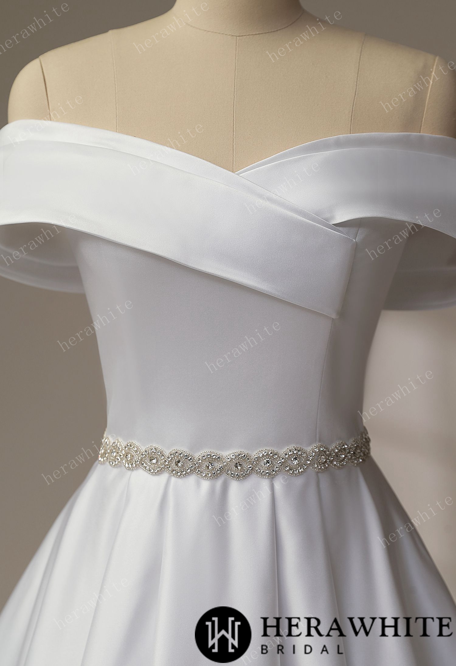 Exquisite Off-Shoulder Satin Wedding Dress with Crystal Waistband