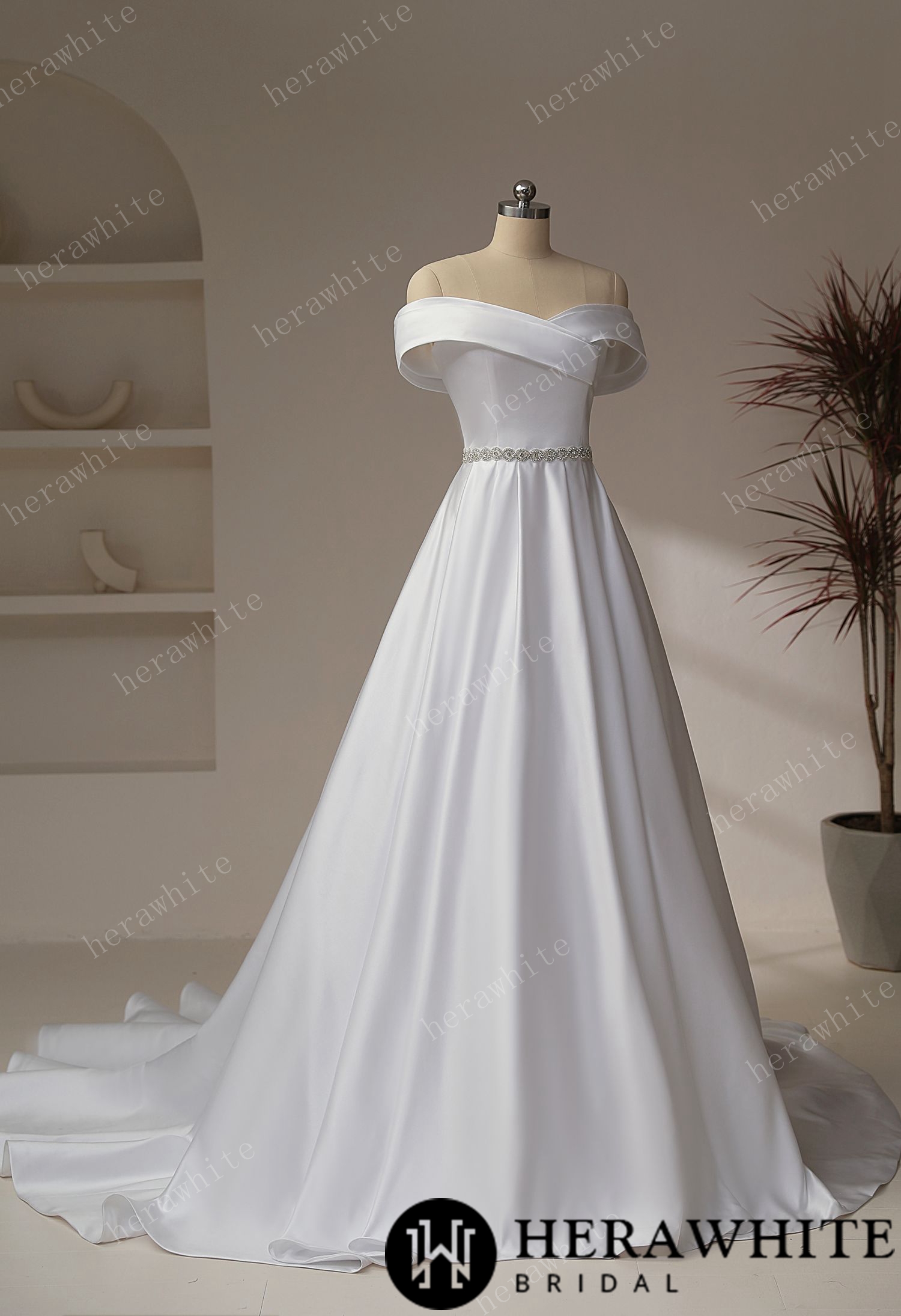 Exquisite Off-Shoulder Satin Wedding Dress with Crystal Waistband