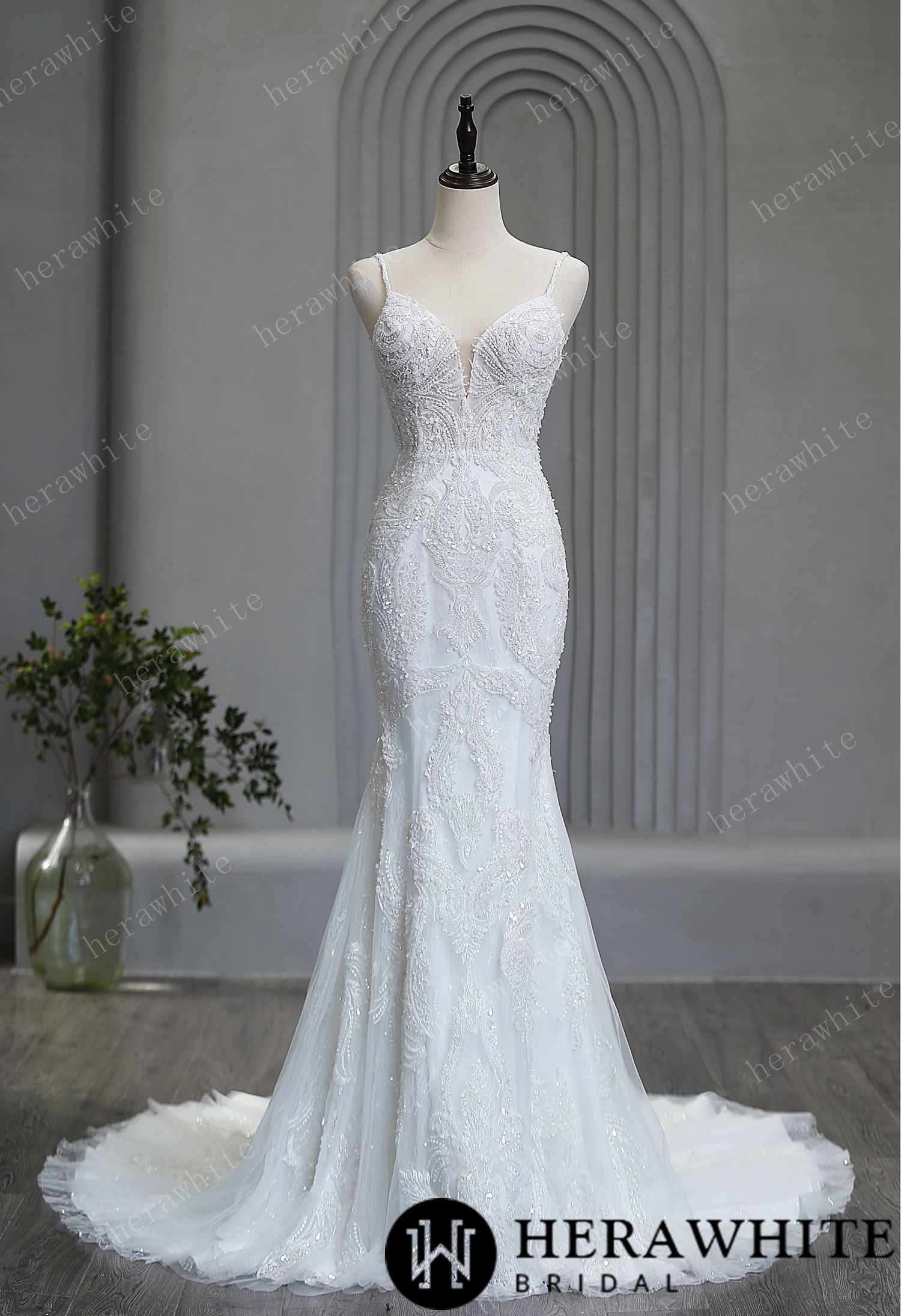 Fit and Flare Wedding Gown with Beads and Sequins