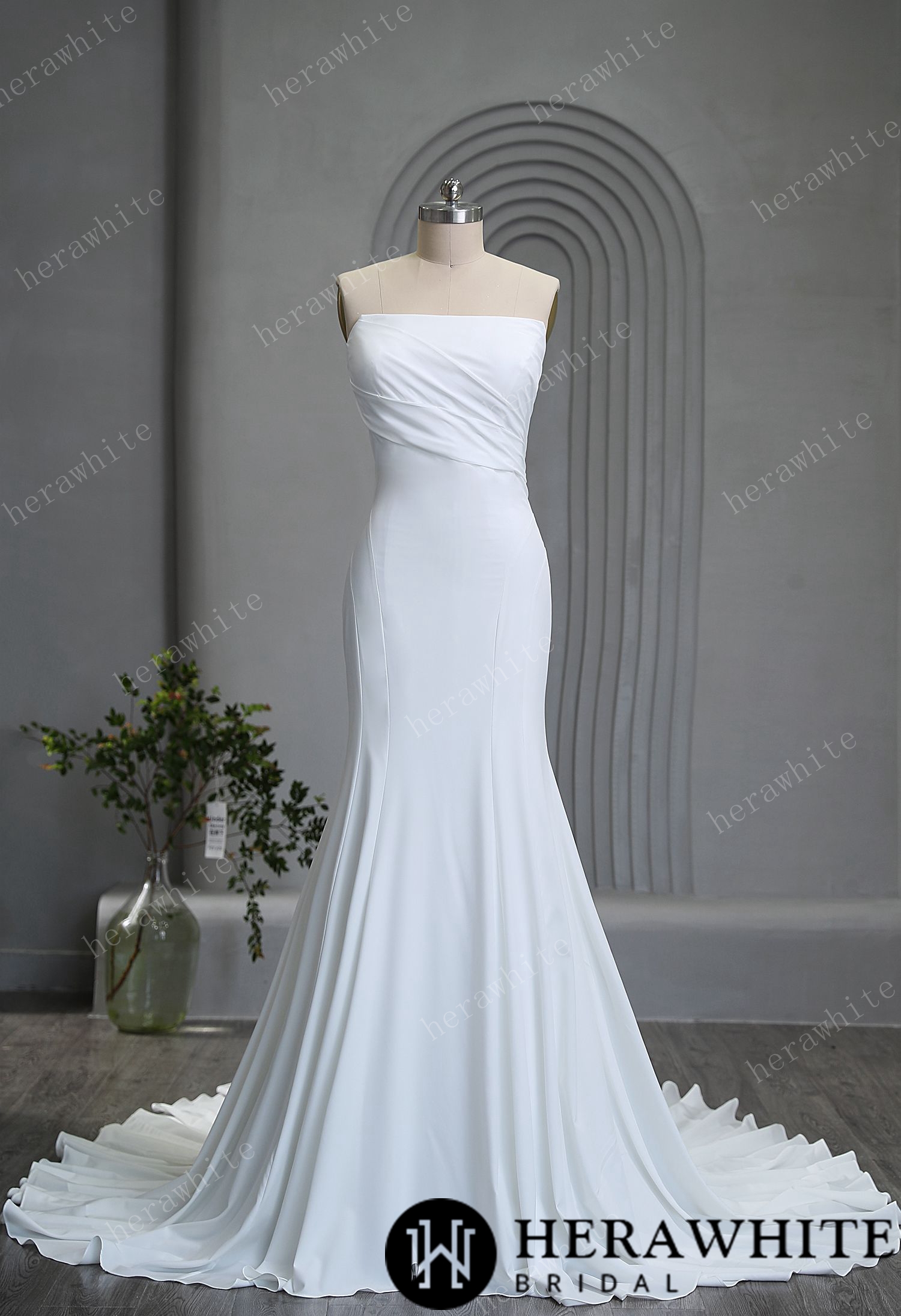 Graceful Strapless Pleated Crepe Wedding Gown