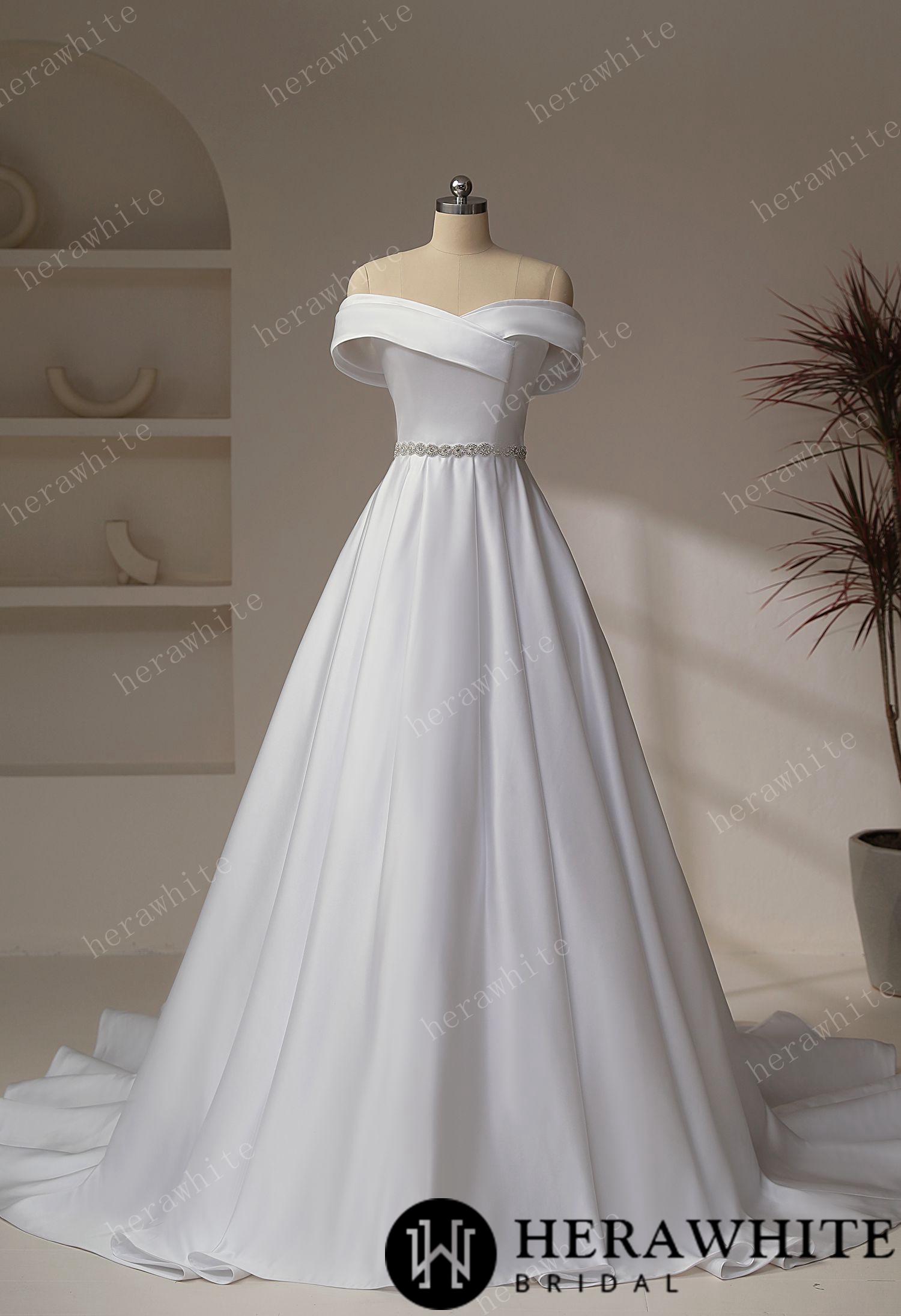 Exquisite Off-Shoulder Satin Wedding Dress with Crystal Waistband