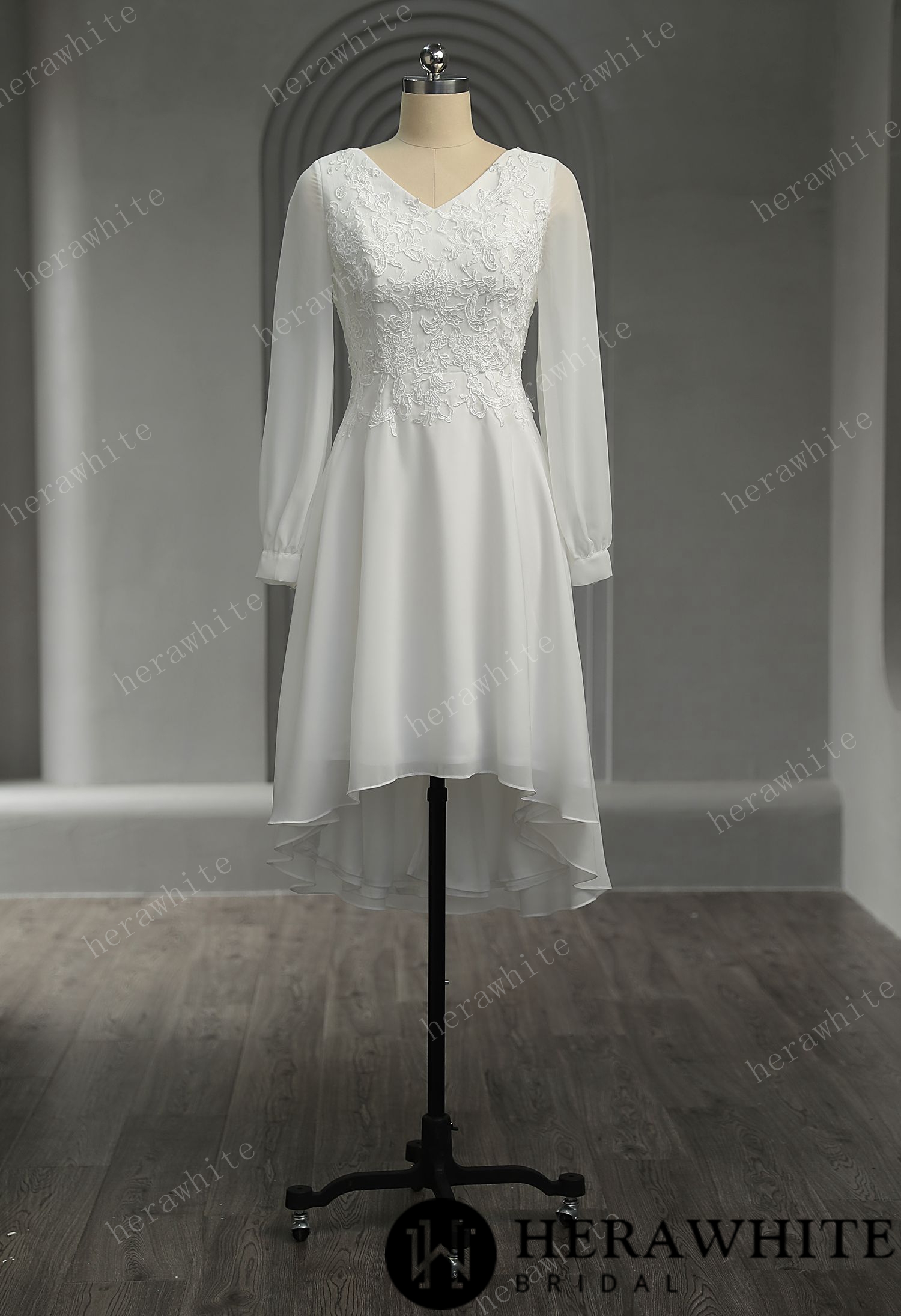 Unique Chiffon Long Sleeves High-Low Short Wedding Dress