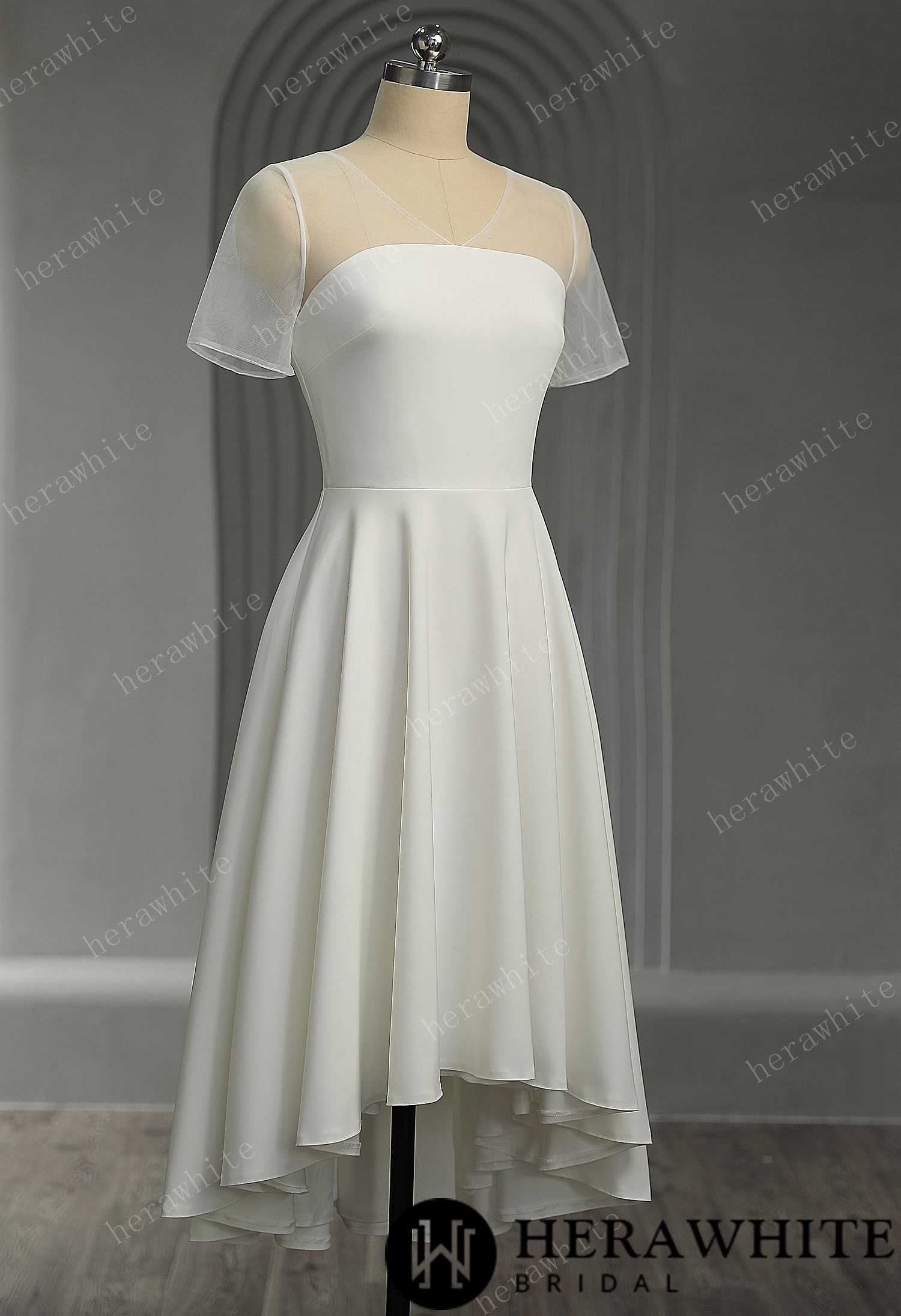 Short Sleeves Soft Satin Short Wedding Dress