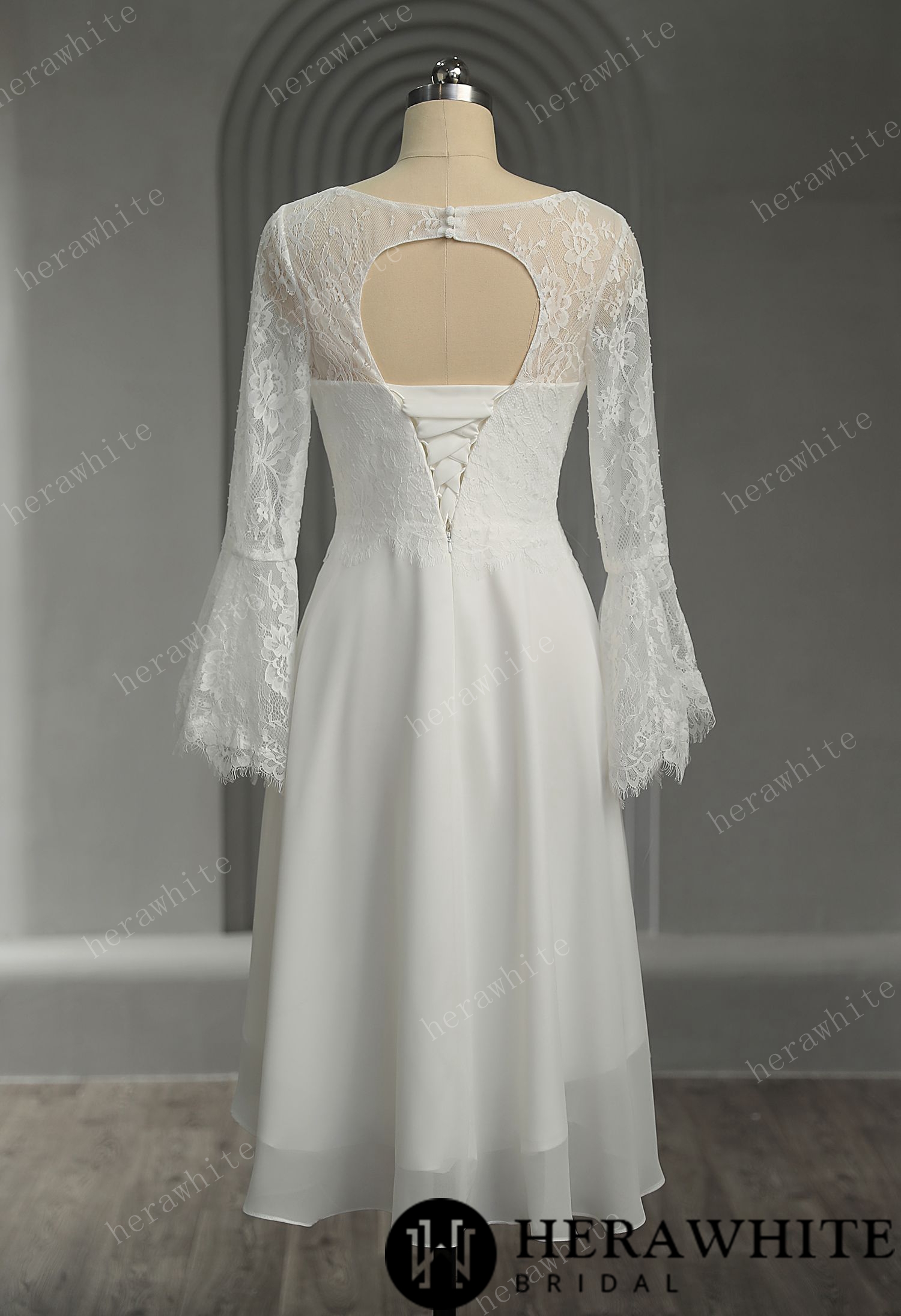 Illusion Trumpet Long Sleeve Chiffon Short Wedding Dress