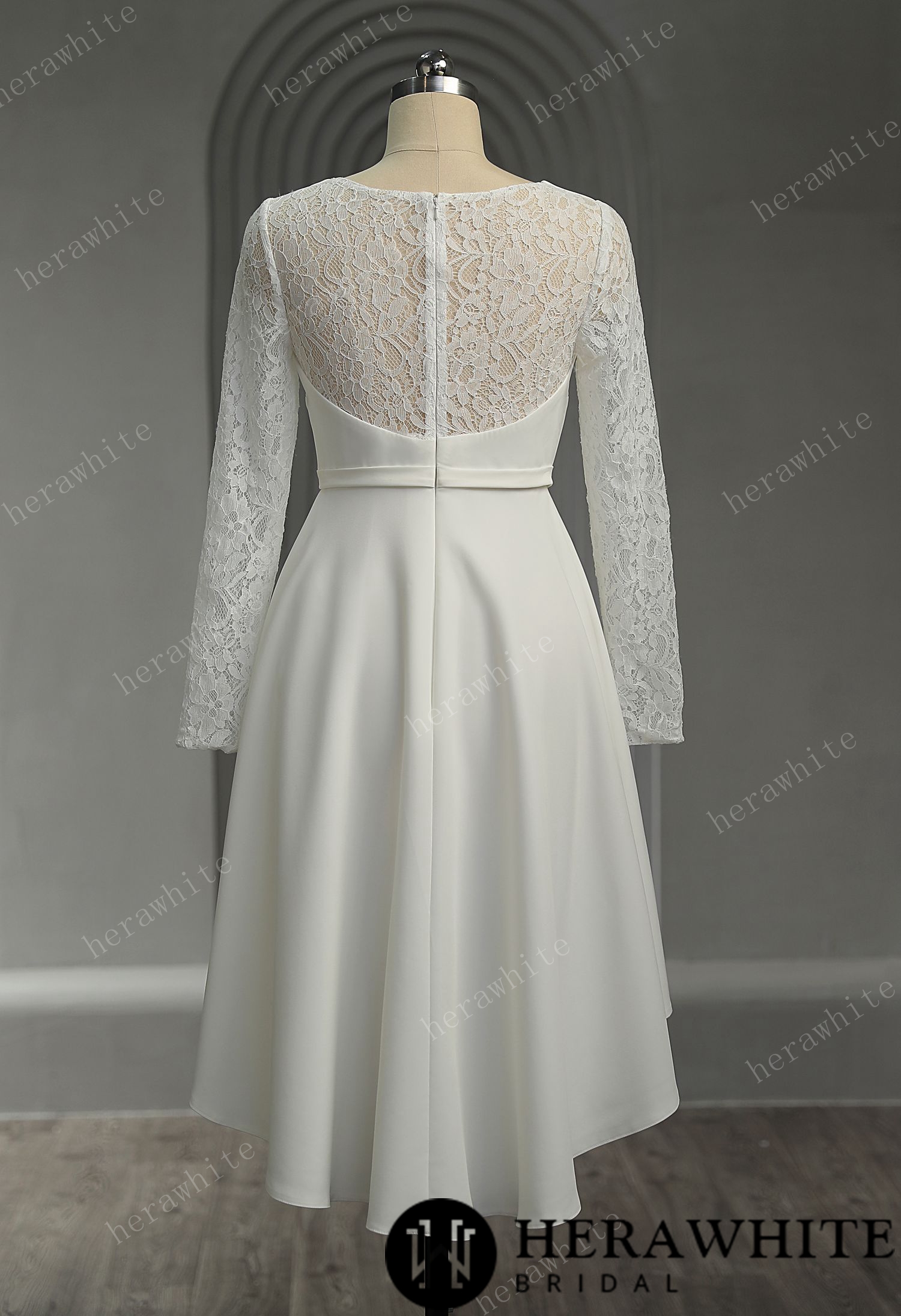 Elegant Crepe Lace Detail Short Wedding Dress