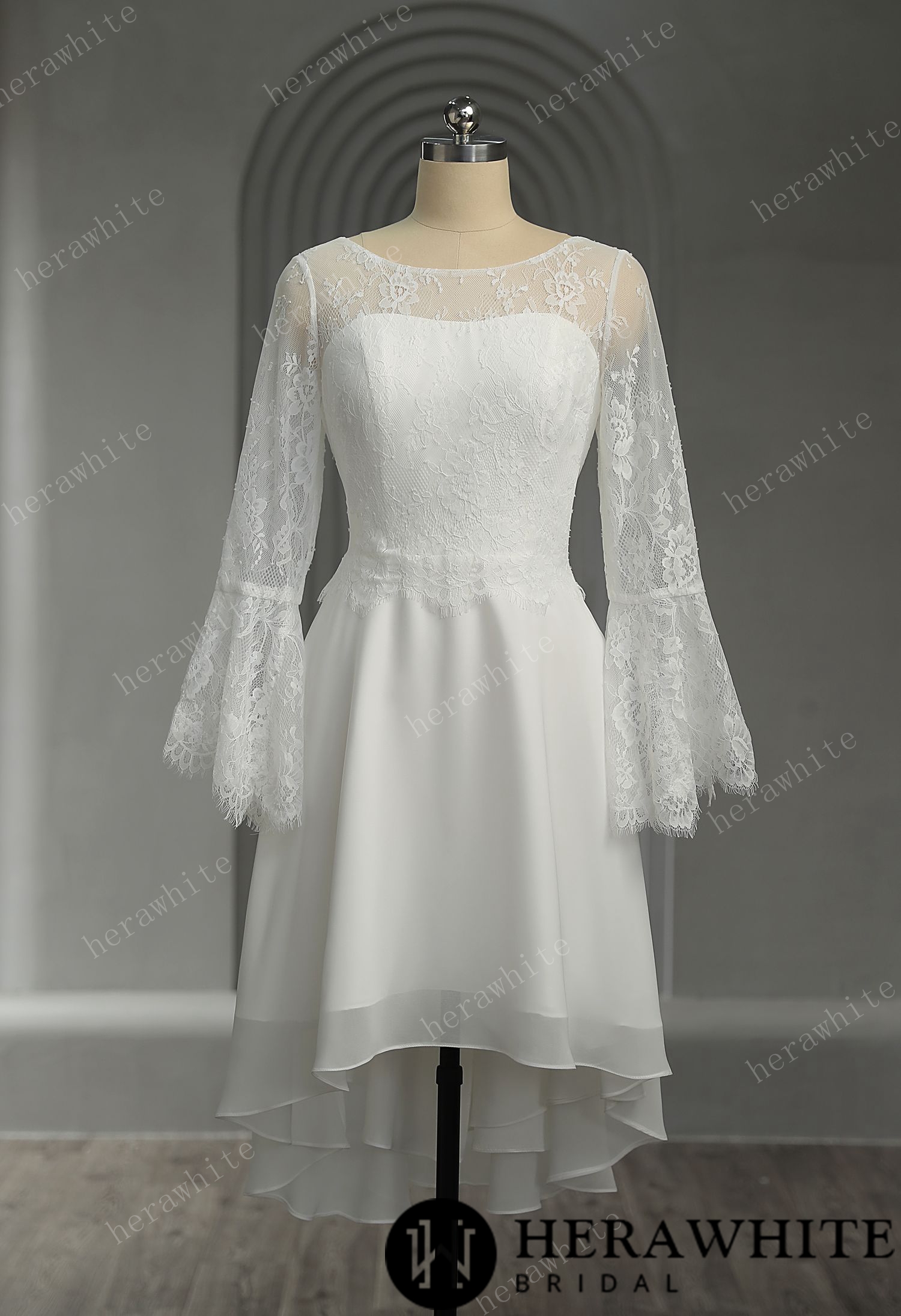 Illusion Trumpet Long Sleeve Chiffon Short Wedding Dress