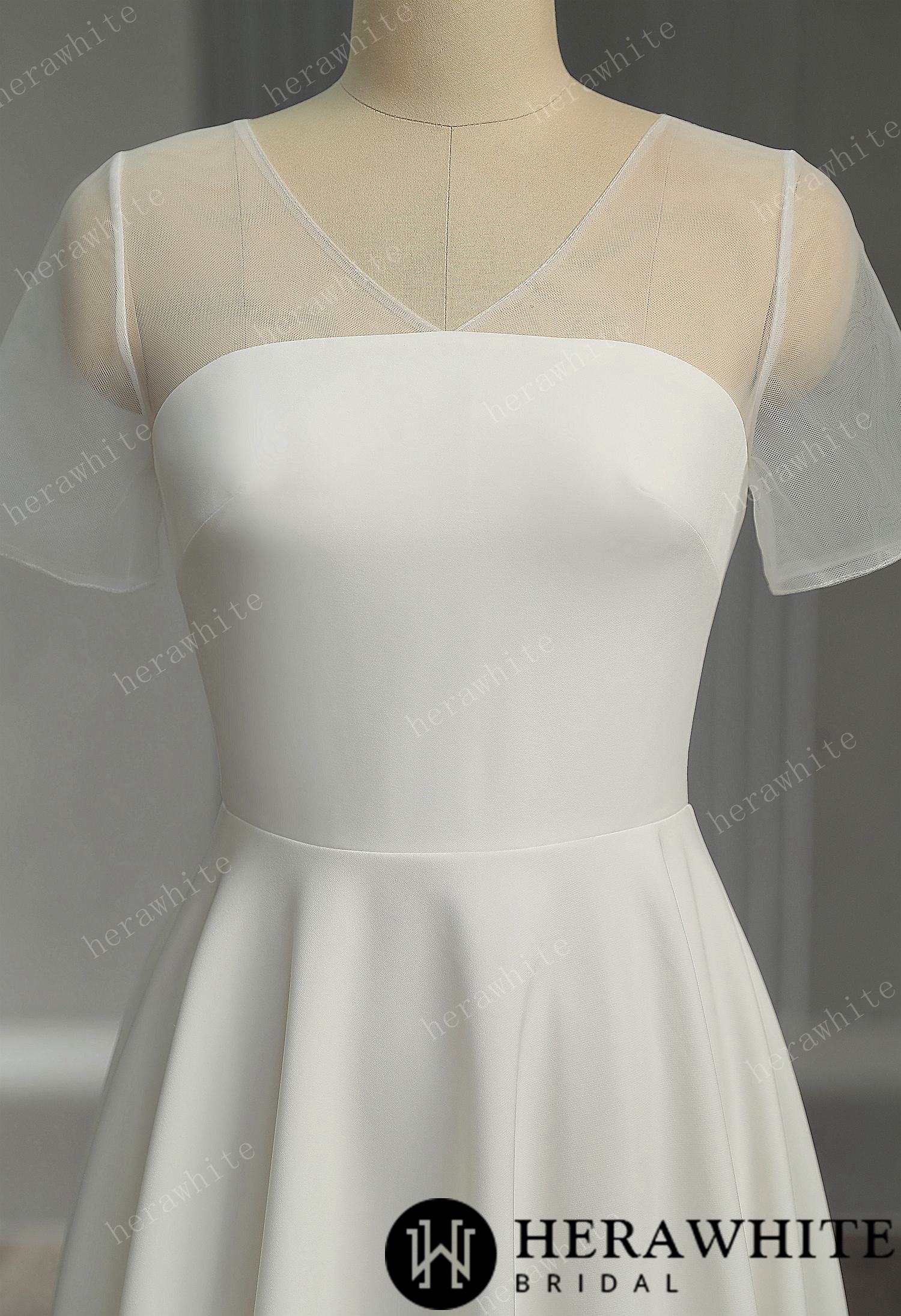 Short Sleeves Soft Satin Short Wedding Dress