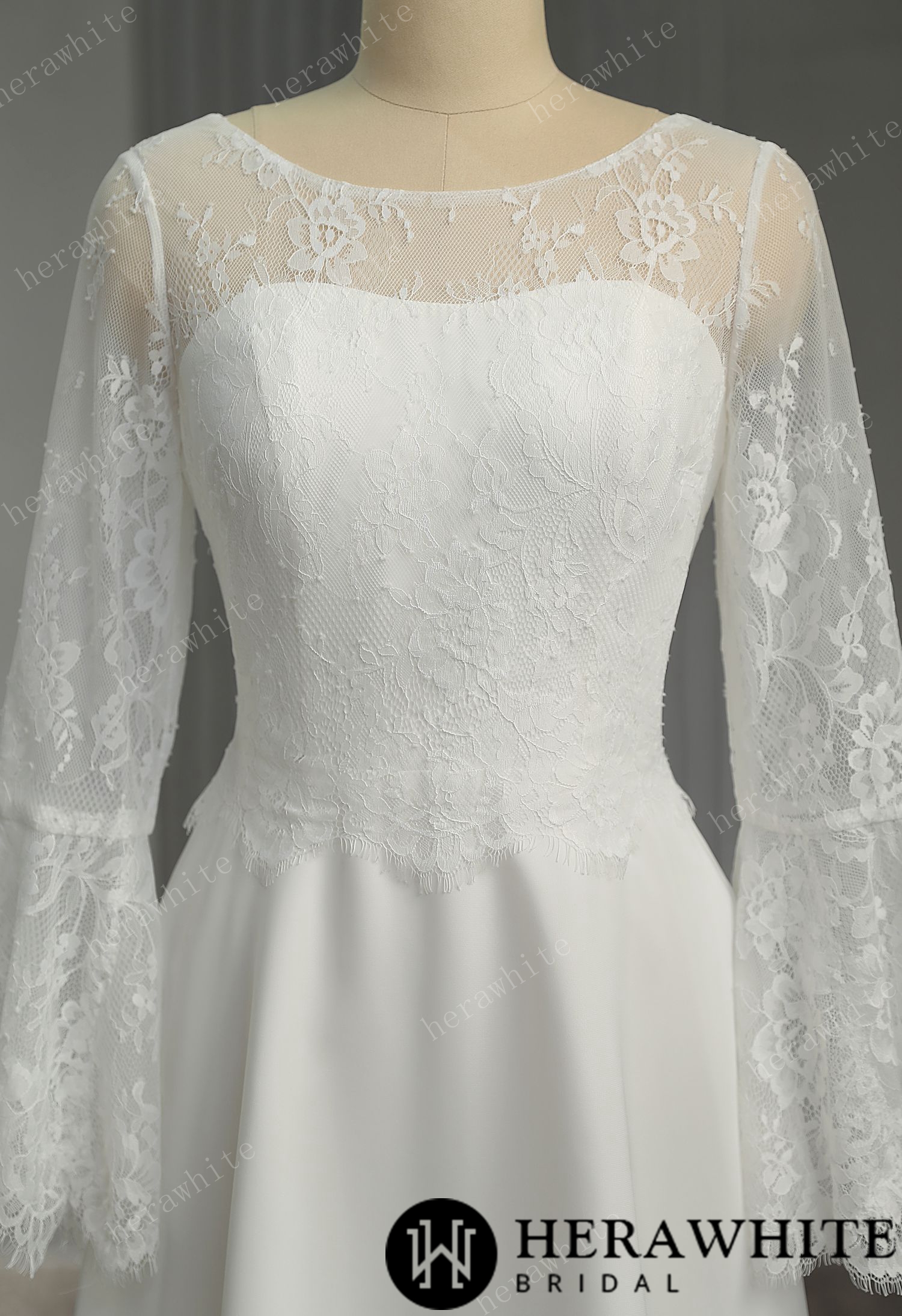 Illusion Trumpet Long Sleeve Chiffon Short Wedding Dress