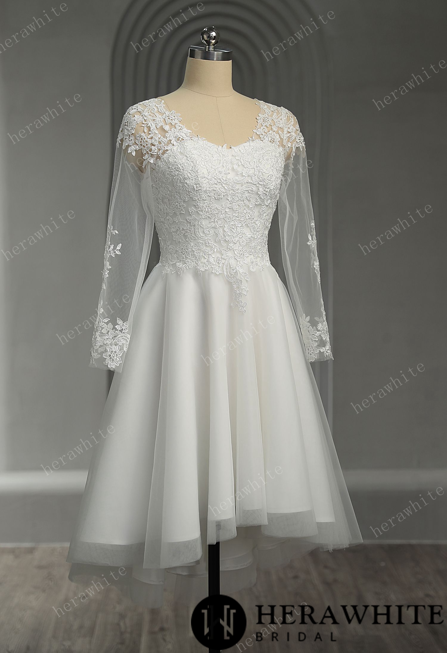 Floral Lace Short Wedding Dress with Lace Up Back