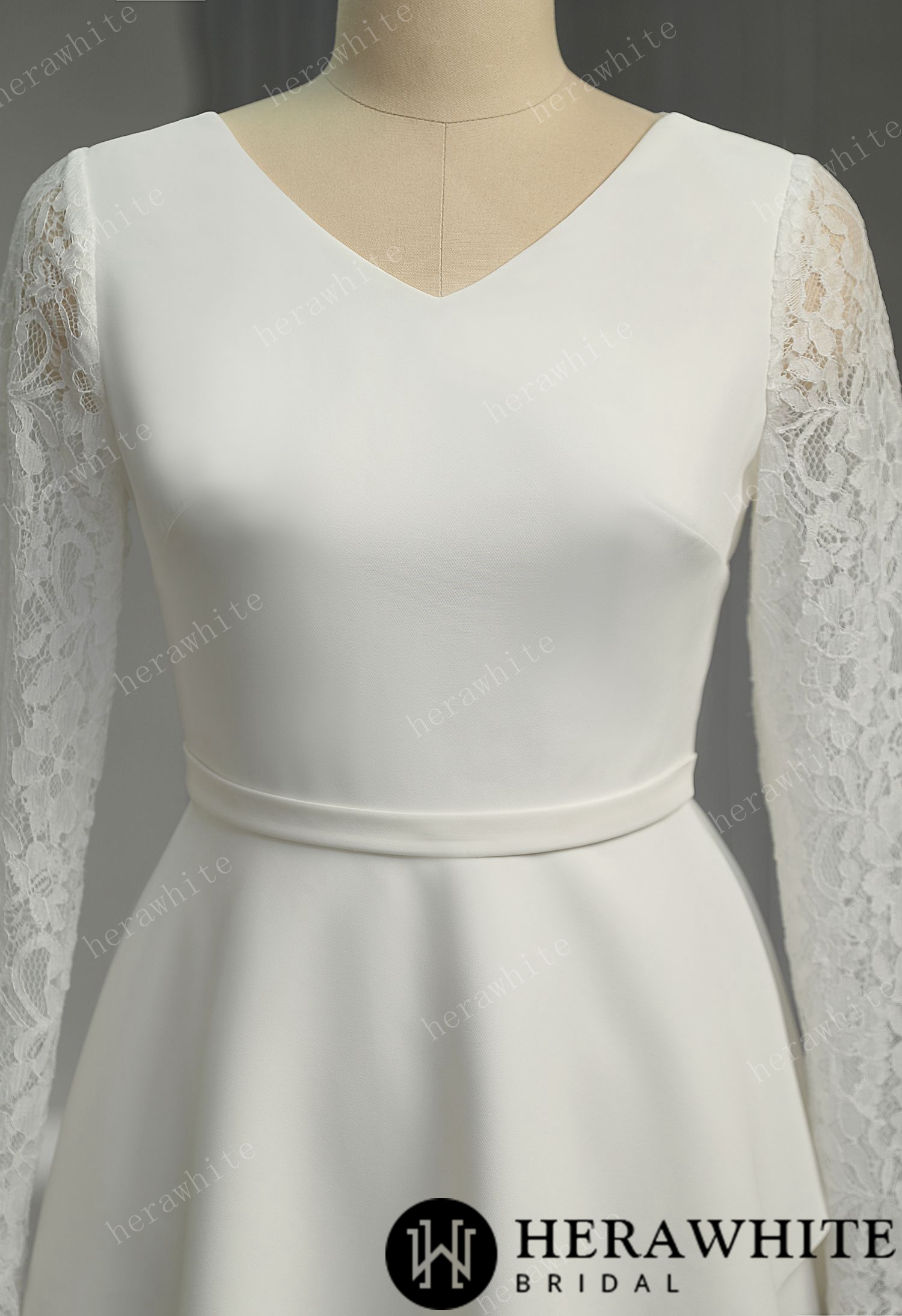 Elegant Crepe Lace Detail Short Wedding Dress