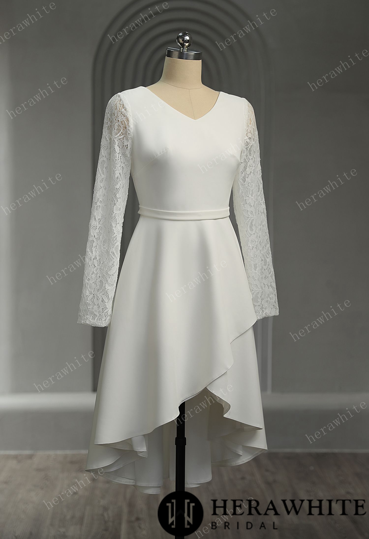 Elegant Crepe Lace Detail Short Wedding Dress