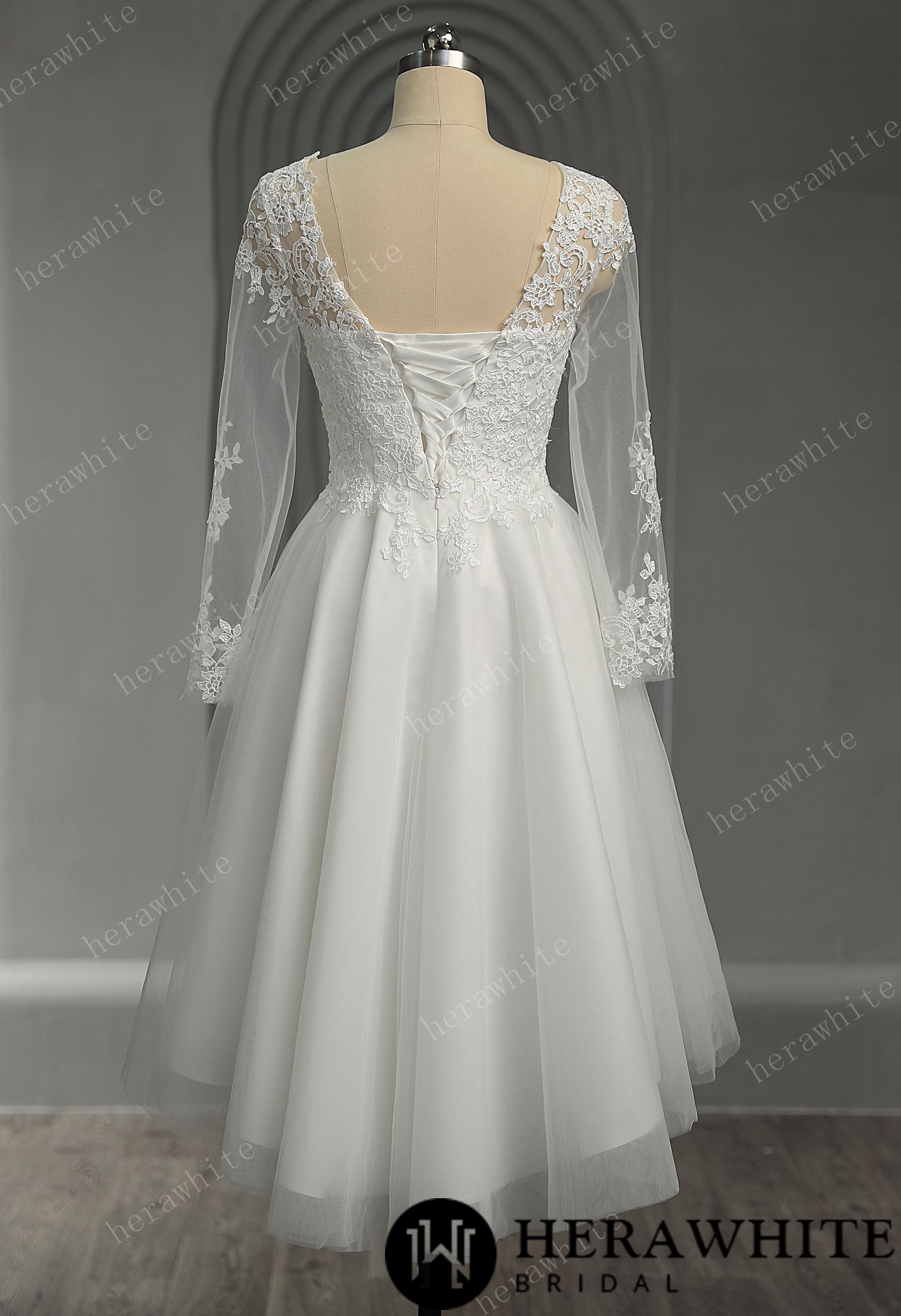 Floral Lace Lace Up Back Short Wedding Dress