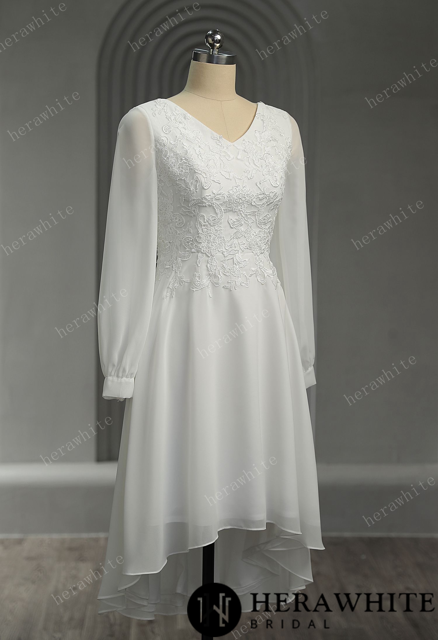 Unique Chiffon Long Sleeves High-Low Short Wedding Dress