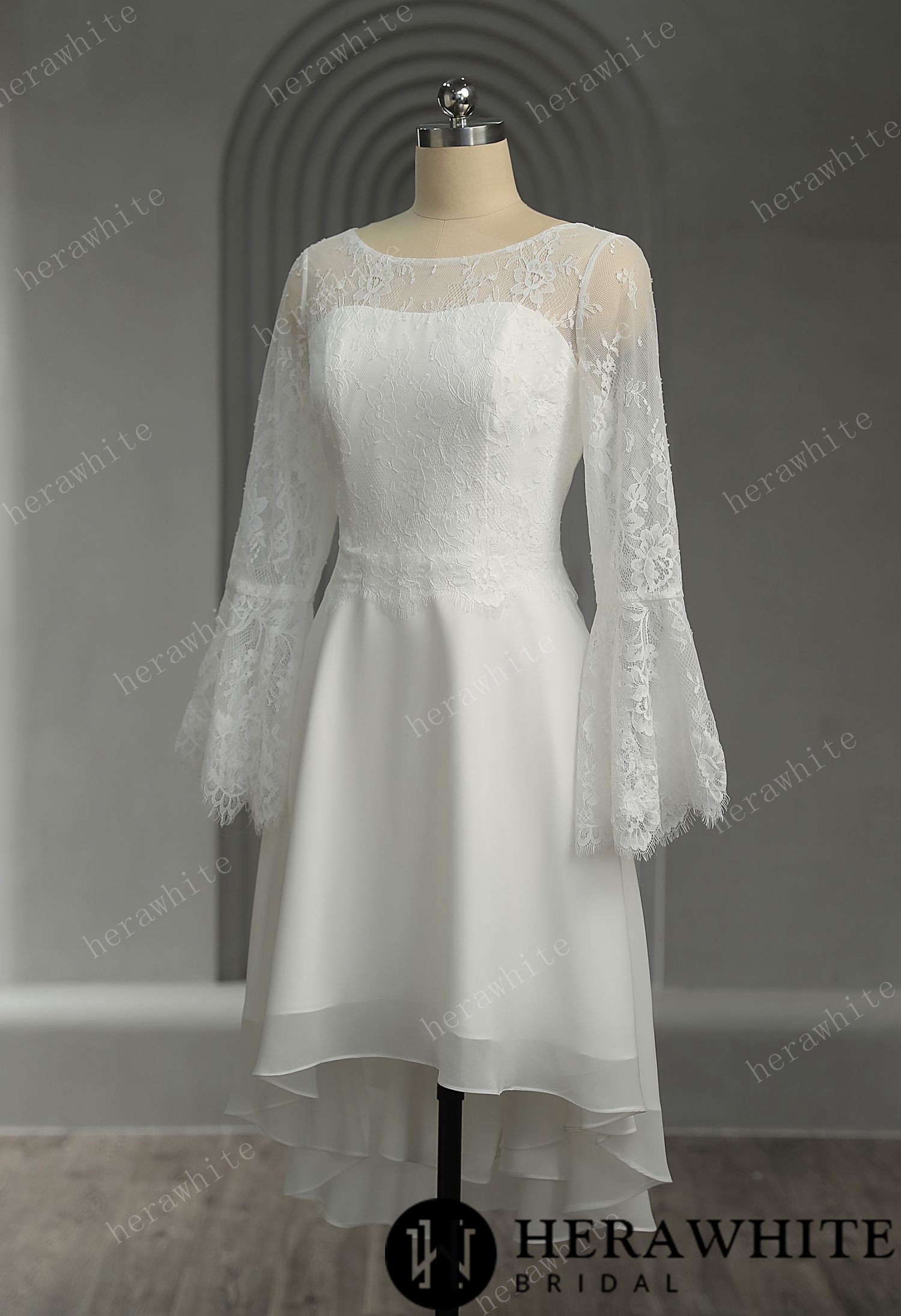 Illusion Trumpet Long Sleeve Chiffon Short Wedding Dress