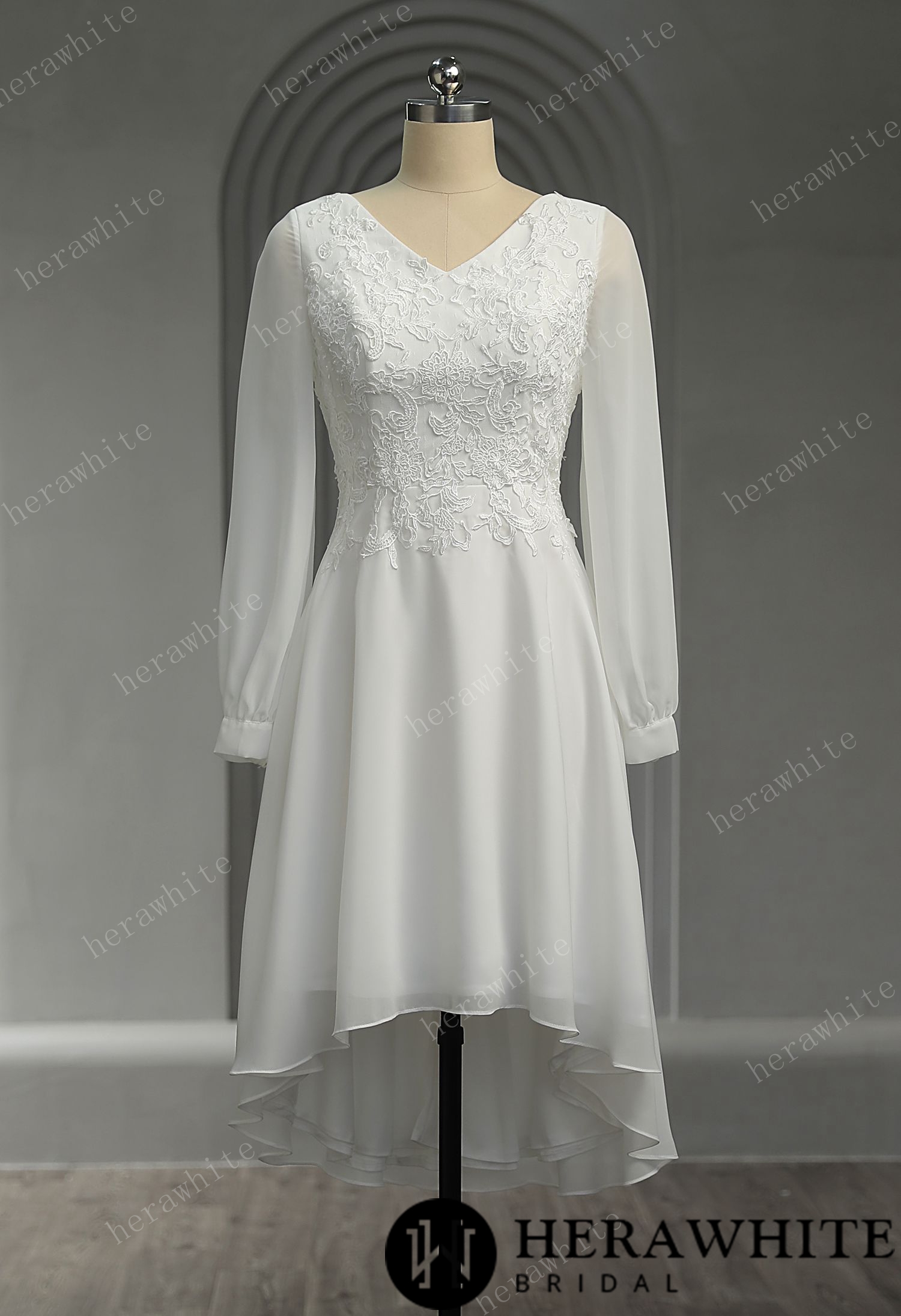 Unique Chiffon Long Sleeves High-Low Short Wedding Dress
