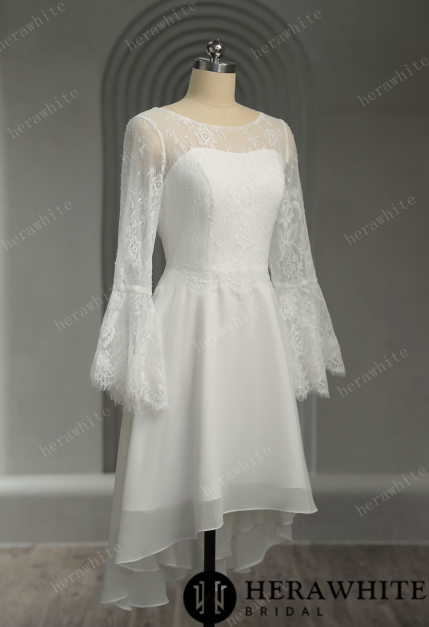 Illusion Trumpet Long Sleeve Chiffon Short Wedding Dress