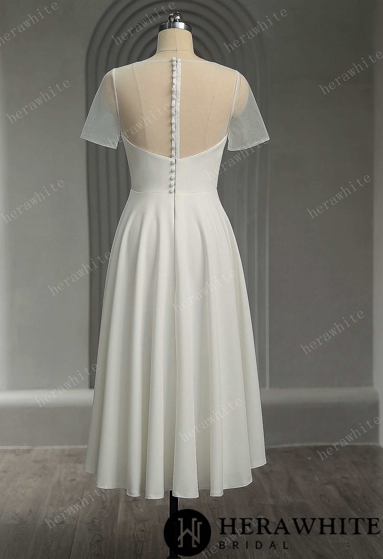 Short Sleeves Soft Satin Short Wedding Dress