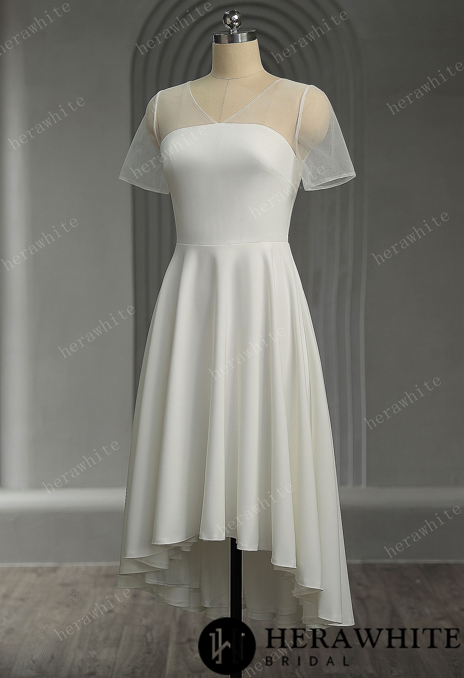 Soft Satin Short Wedding Dress With Short Sleeves