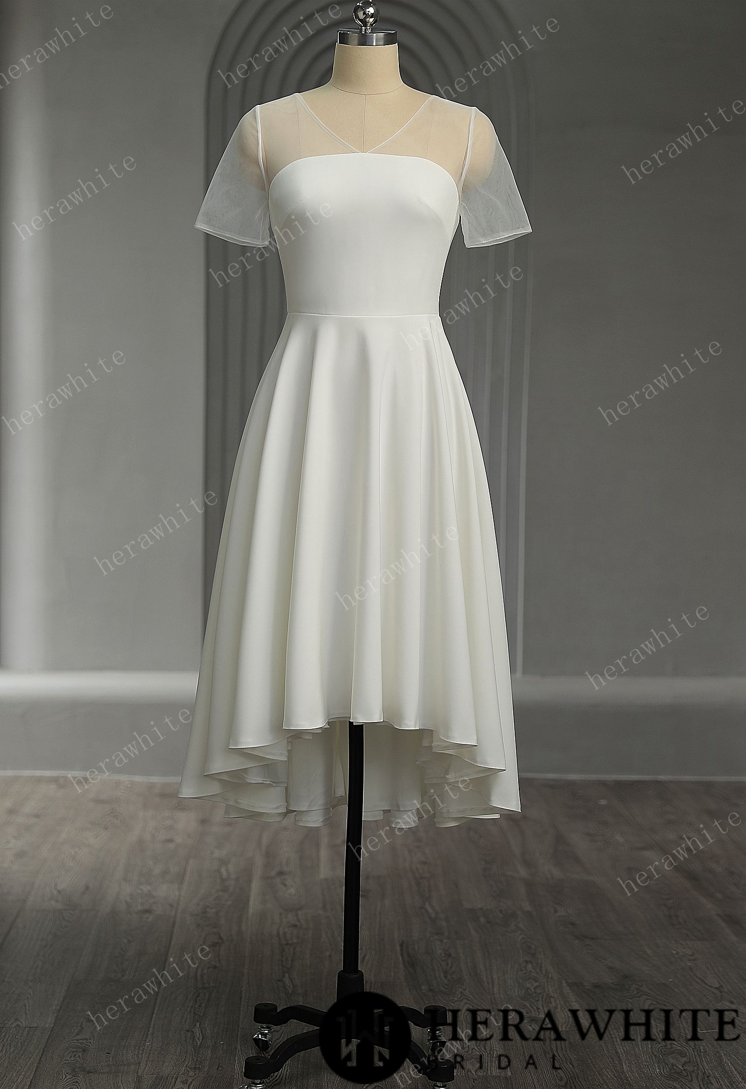 Short Sleeves Soft Satin Short Wedding Dress