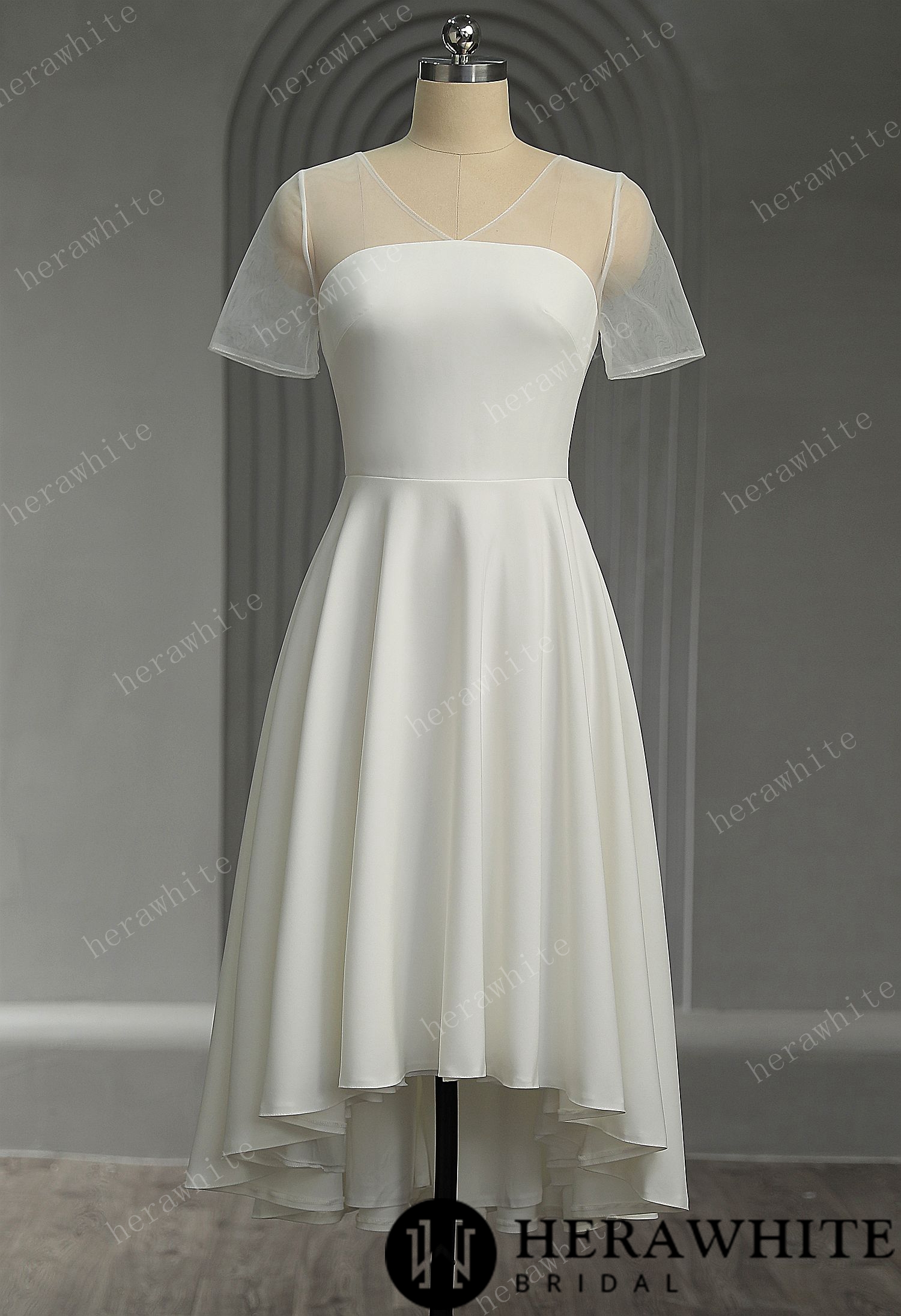 Short Sleeves Soft Satin Short Wedding Dress
