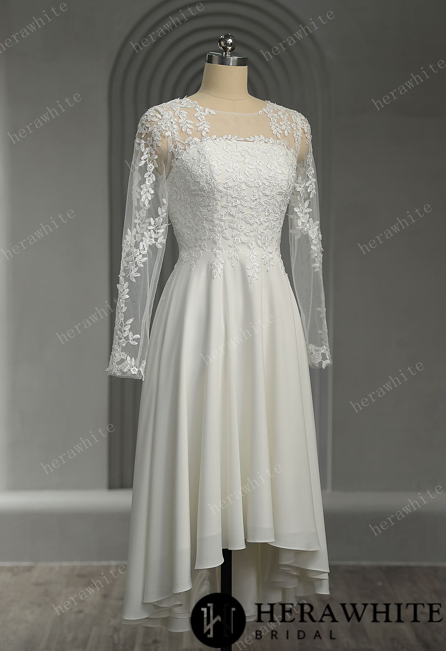 Illusion Lace Long Sleeves Tulle Short Wedding Dress