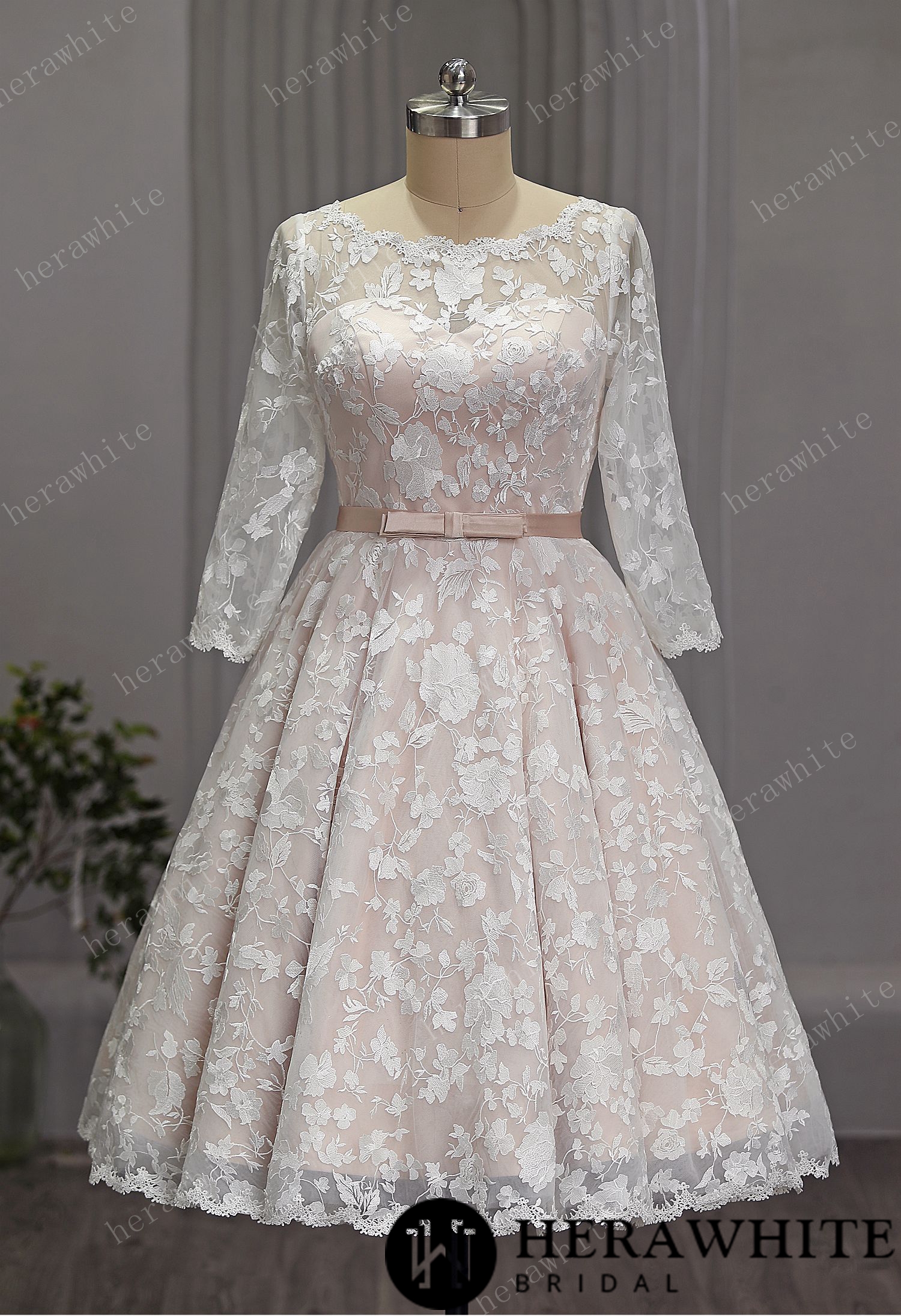 Vintage Inspired Short Tea Length Blush Wedding Dress With Lace Sleeves