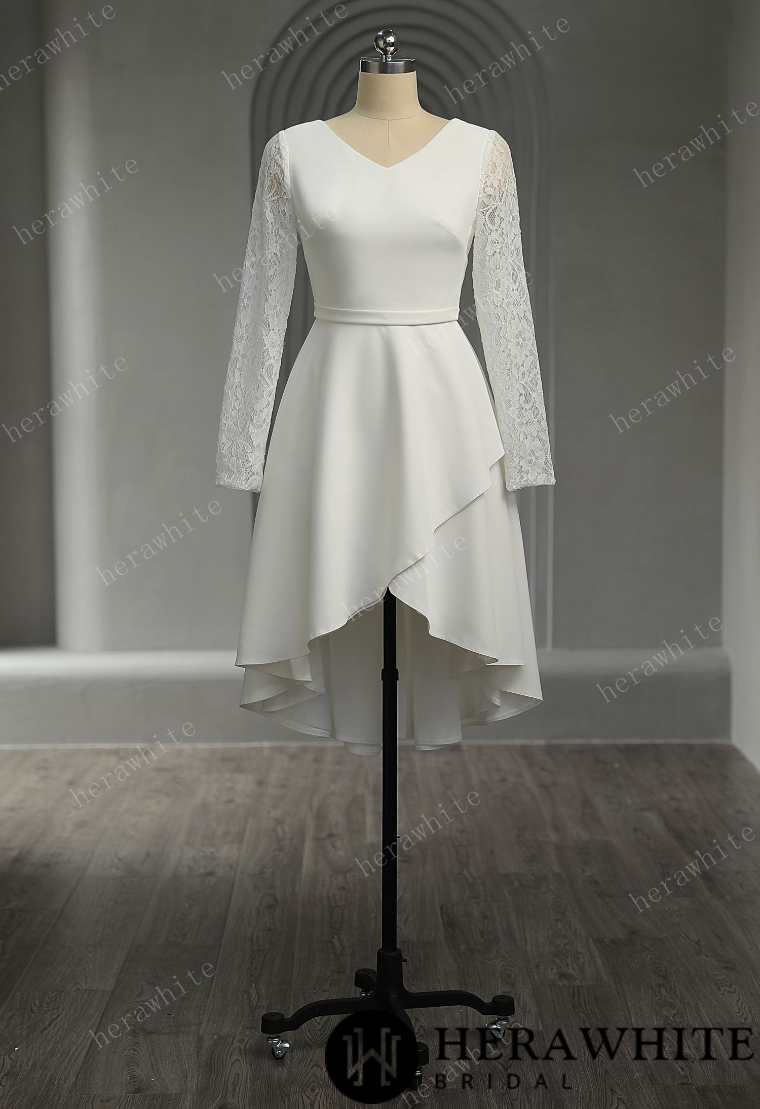 Elegant Crepe Lace Detail Short Wedding Dress