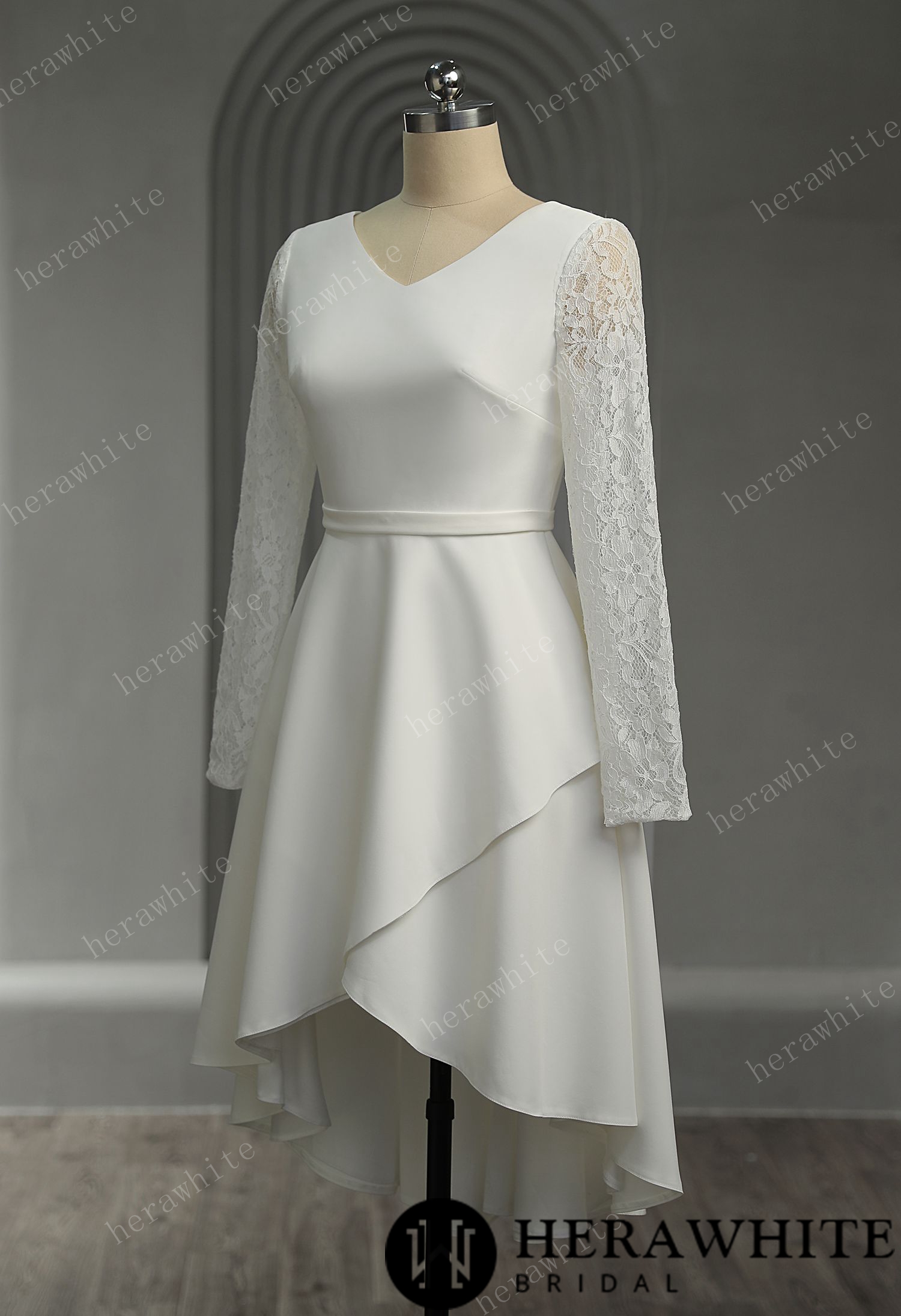 Elegant Crepe Lace Detail Short Wedding Dress