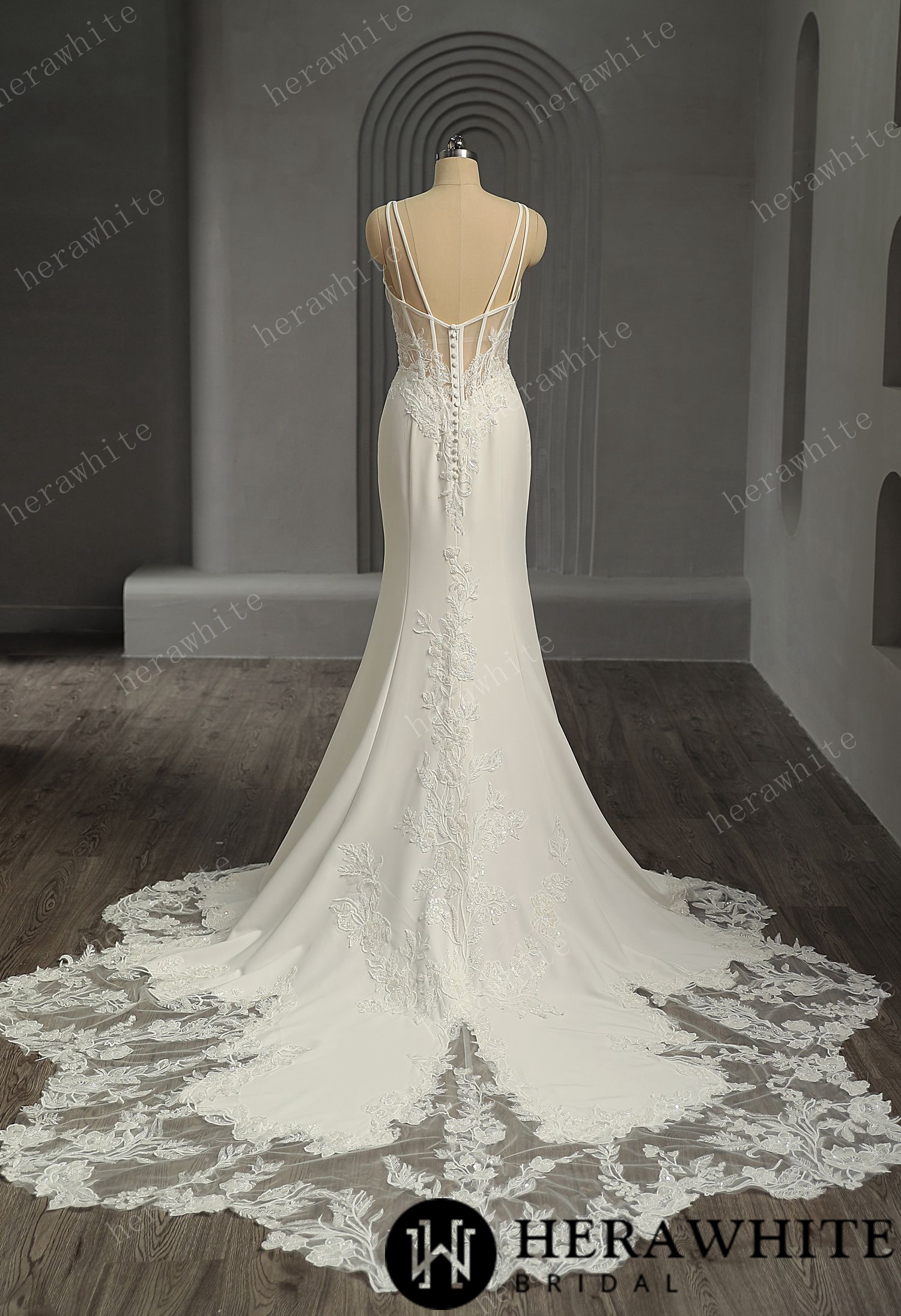 Crepe Fit and Flare Wedding Dress with Open Illusion Back