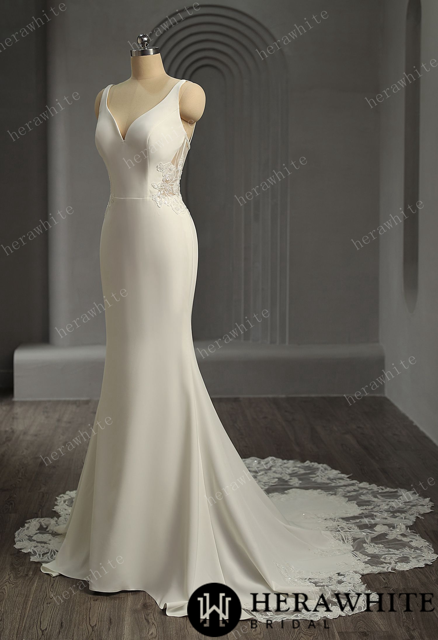 Crepe Fit and Flare Wedding Dress with Open Illusion Back