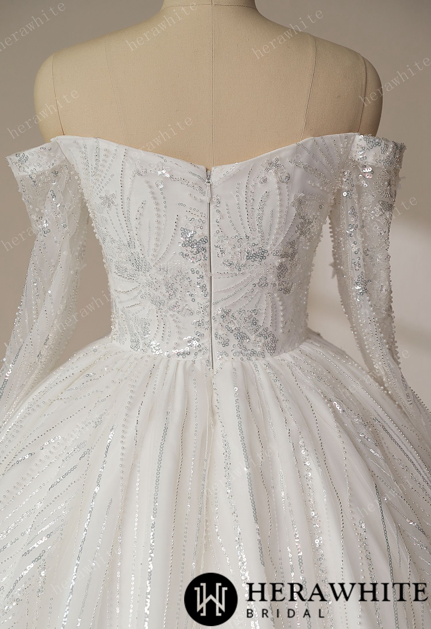 Luxury Beaded Shiny Lace Court Train Princess Wedding Gown