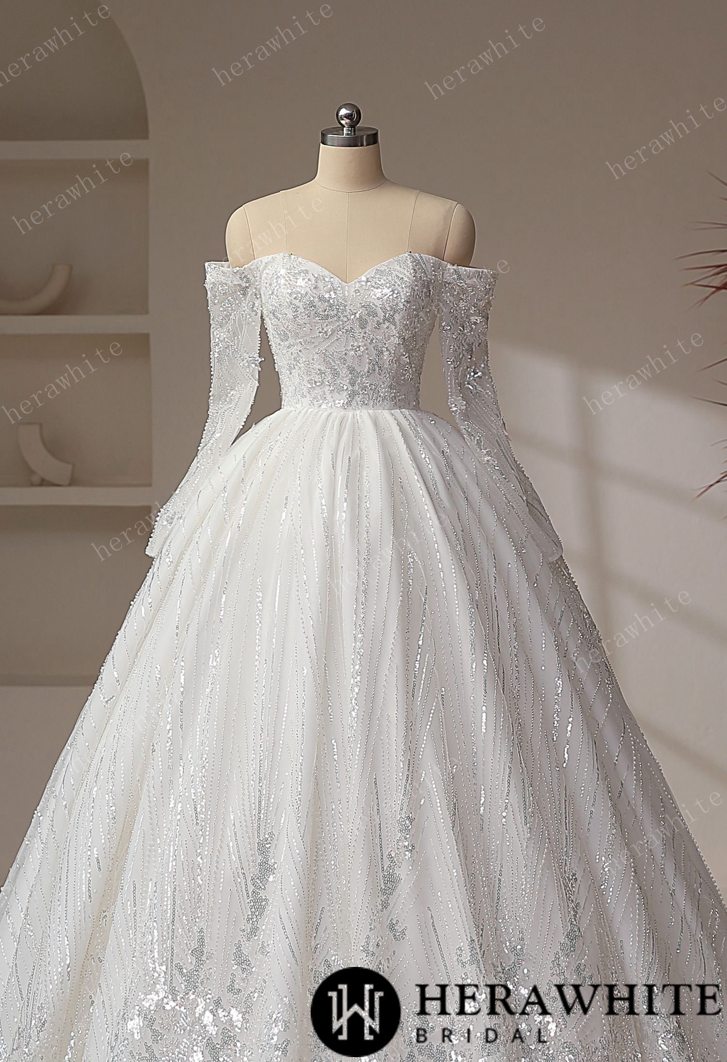 Luxury Beaded Shiny Lace Court Train Princess Wedding Gown
