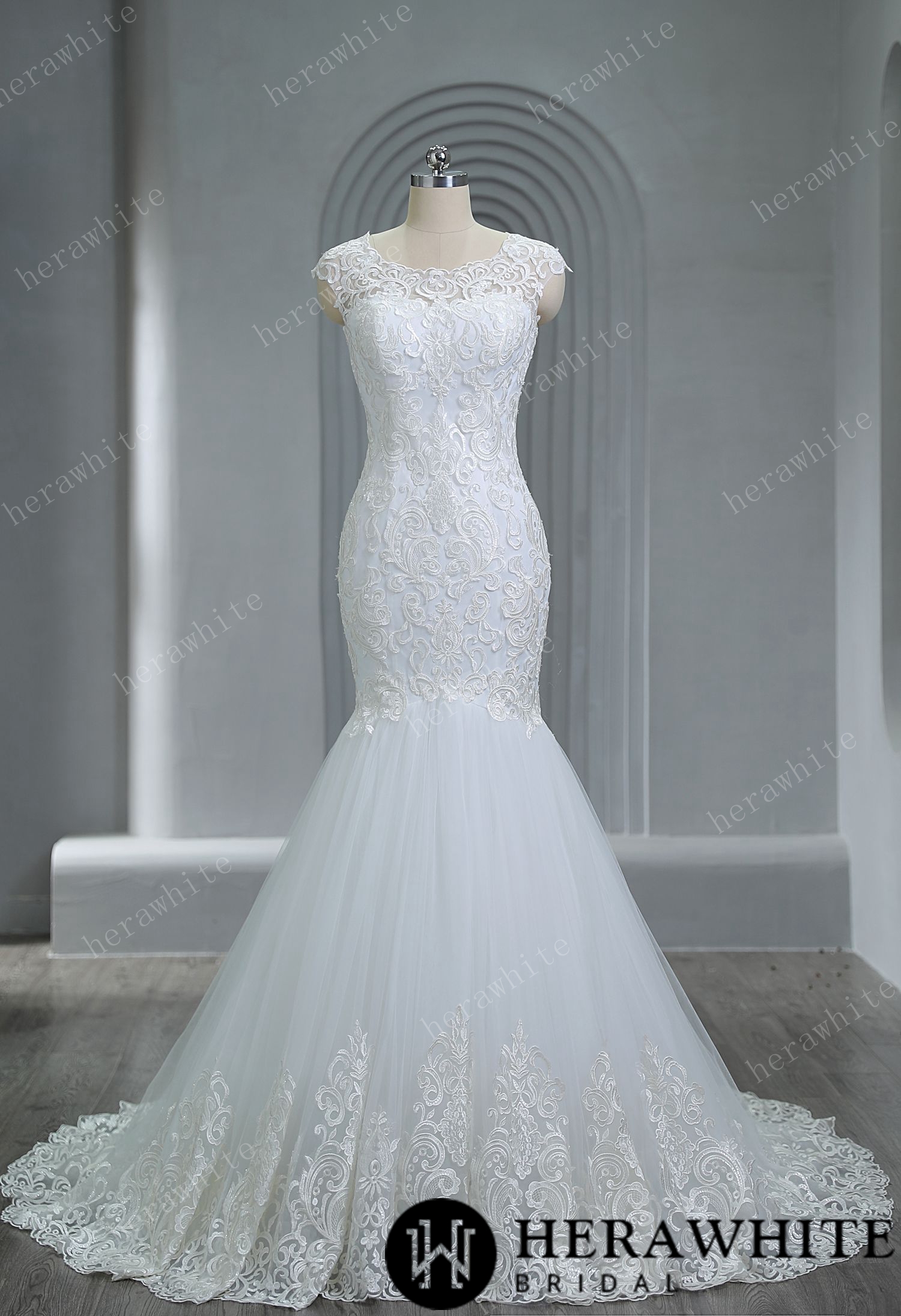 Bateau Neckline Mermaid  Lace Wedding Dress