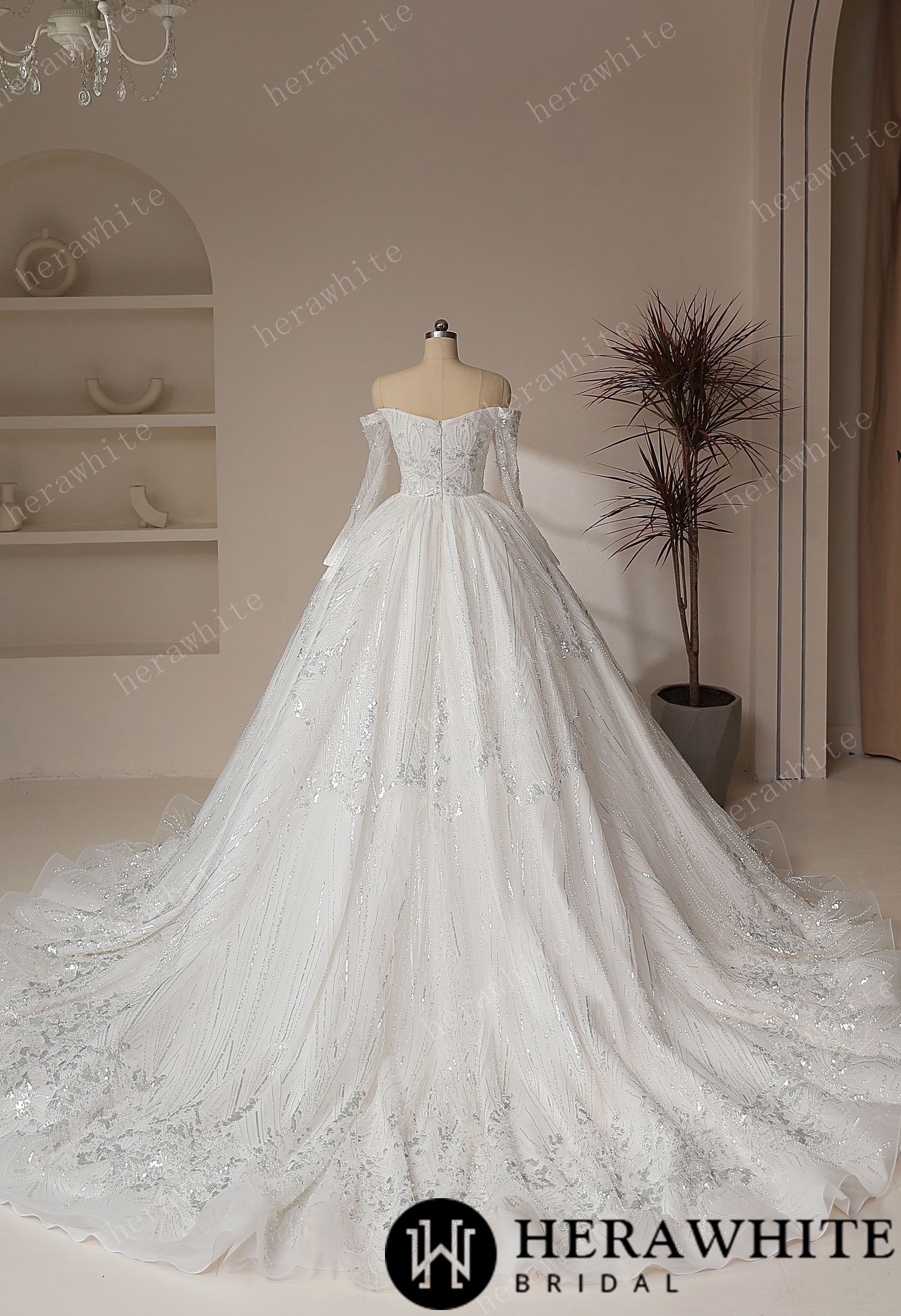 Luxury Beaded Shiny Lace Court Train Princess Wedding Gown
