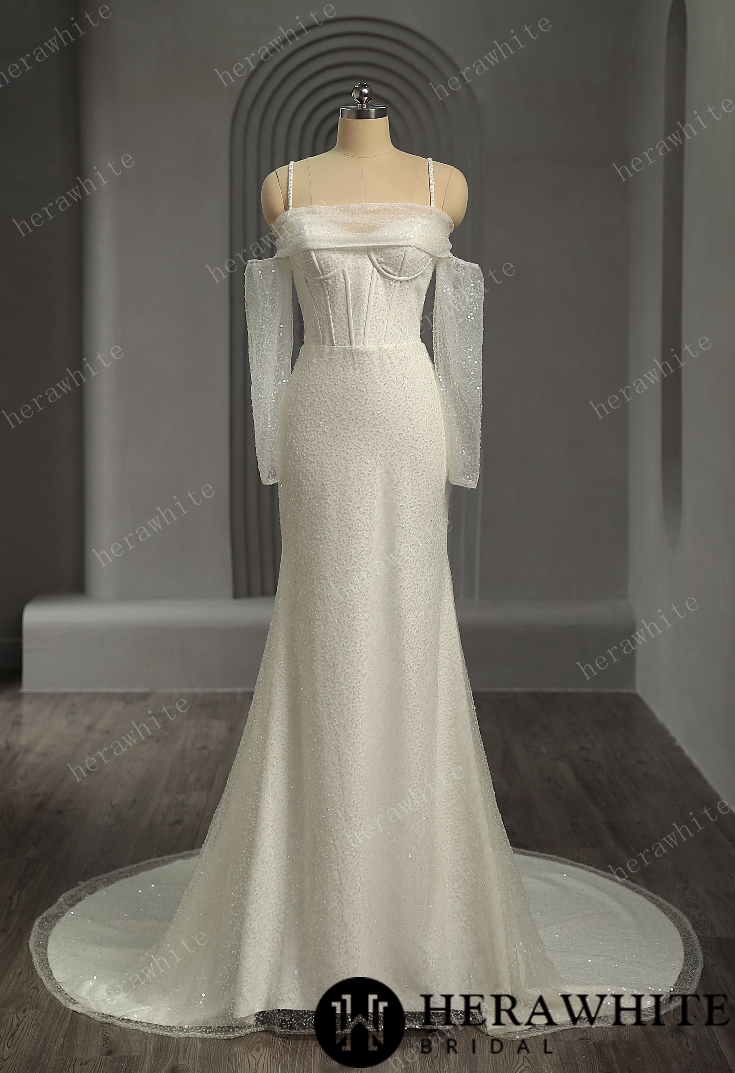 Shiny Beaded Luxury Off-the-Shoulder Wedding Dress With Detachable Sleeves