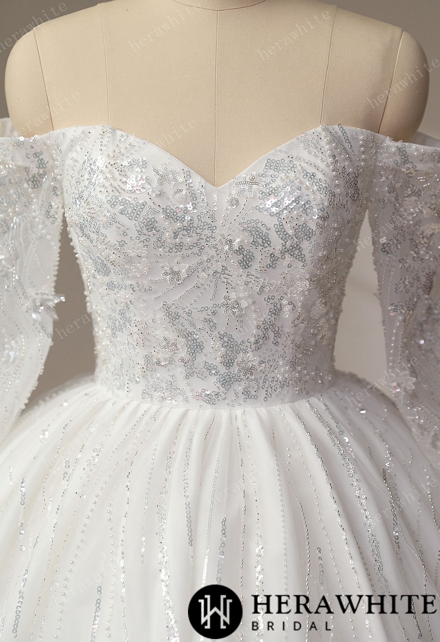Luxury Beaded Shiny Lace Court Train Princess Wedding Gown