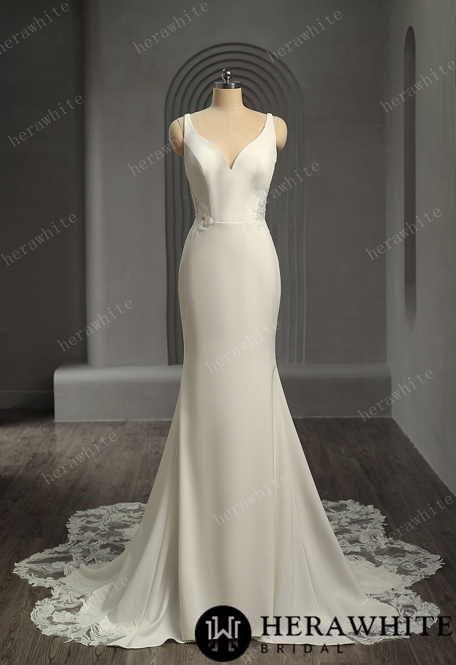 Crepe Fit and Flare Wedding Dress with Open Illusion Back