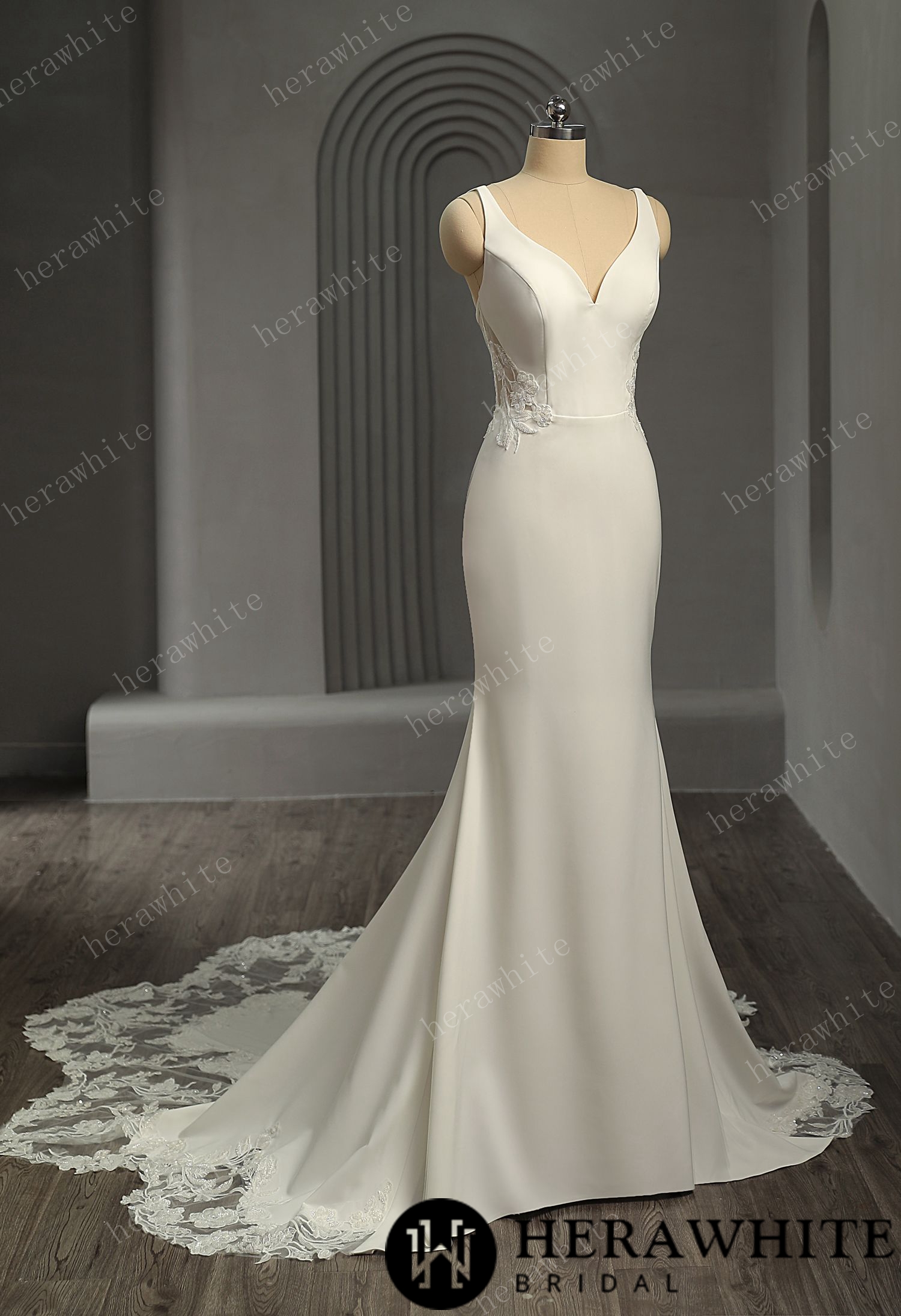 Crepe Fit and Flare Wedding Dress with Open Illusion Back