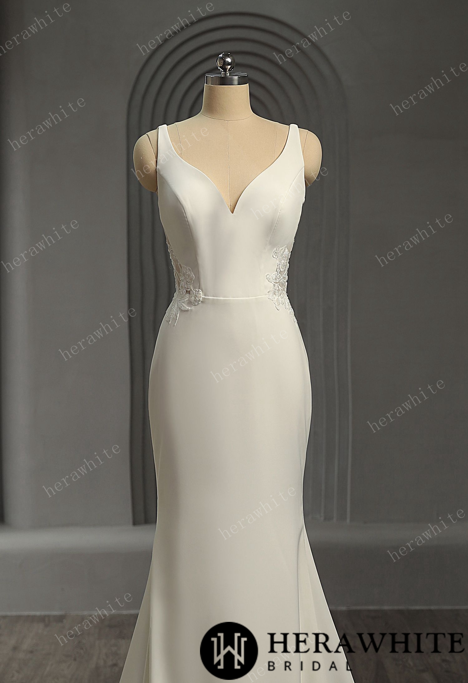 Crepe Fit and Flare Wedding Dress with Open Illusion Back
