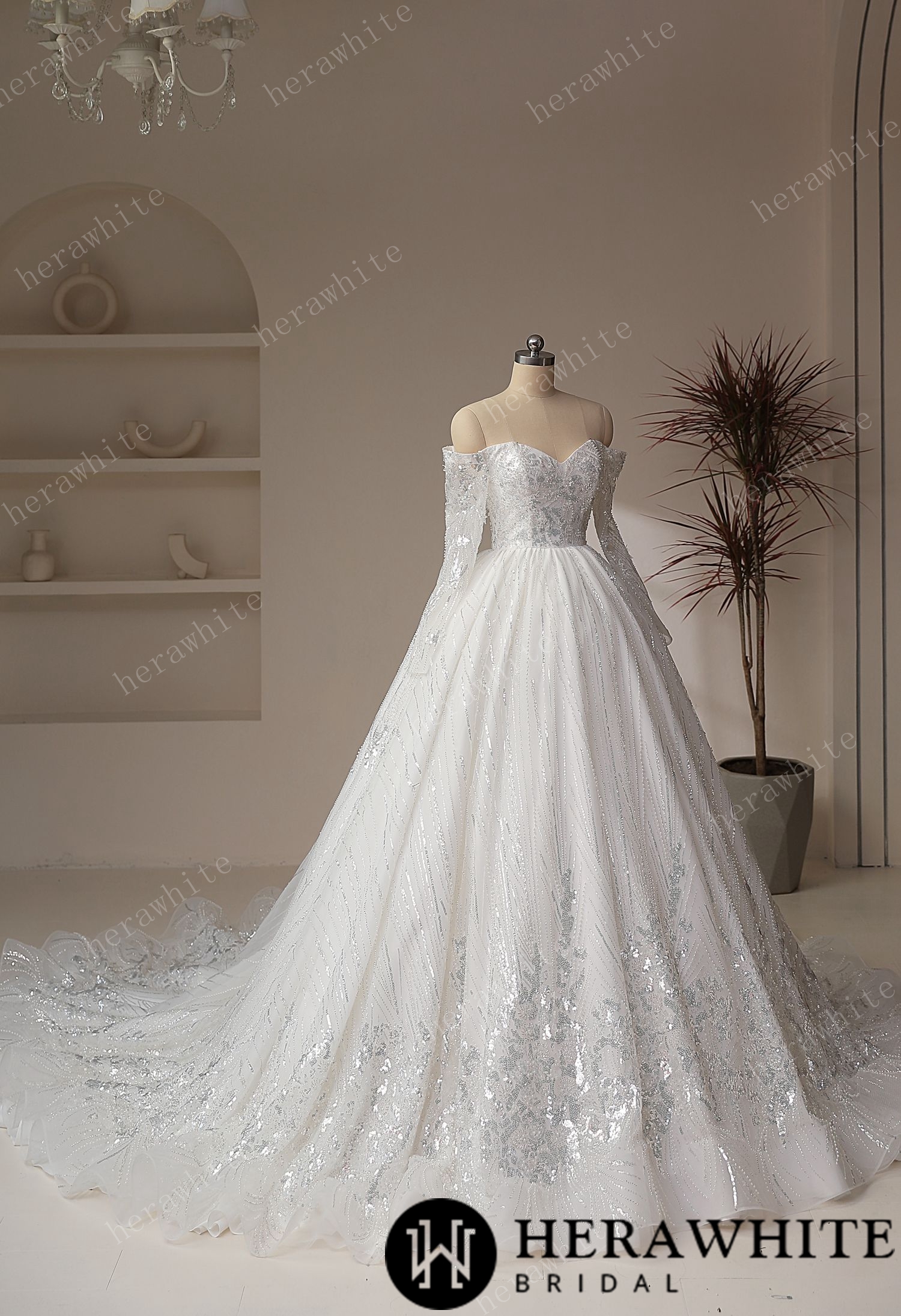 Luxury Beaded Shiny Lace Court Train Princess Wedding Gown