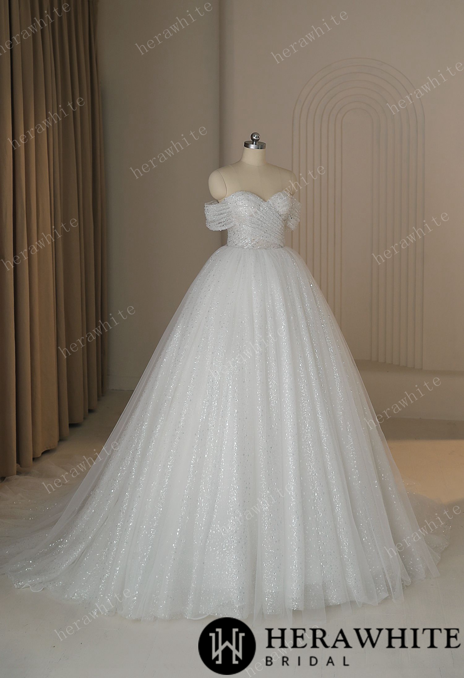 Shiny Crystal Off The Shoulder Ball Gown Wedding Dress