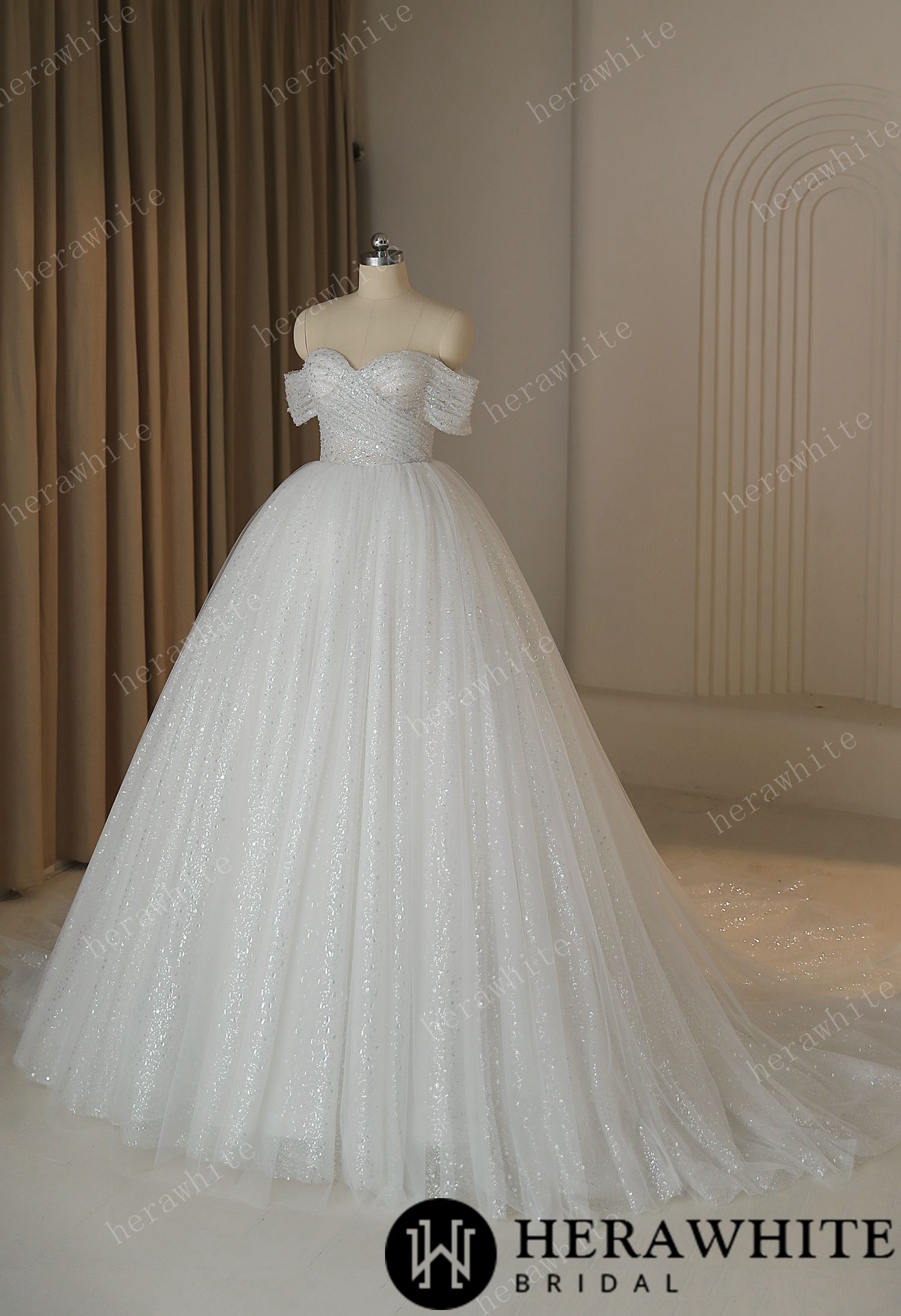Shiny Crystal Off The Shoulder Ball Gown Wedding Dress