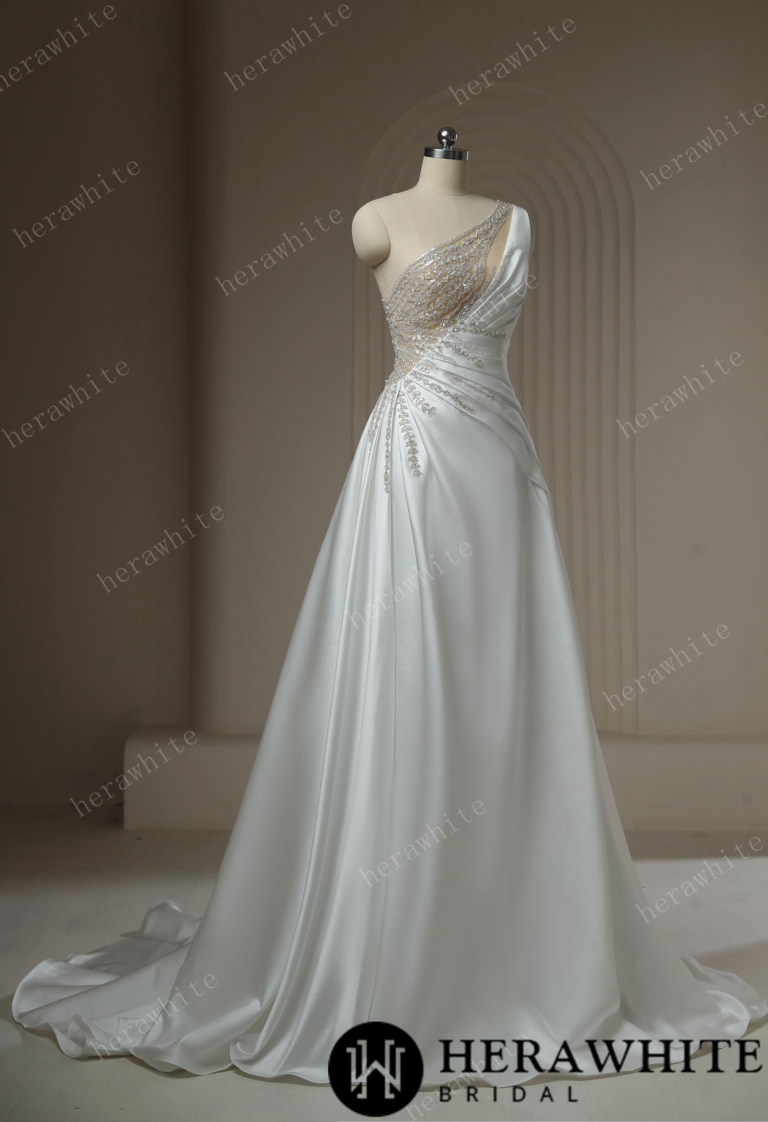 Beaded Rhinestone With Draped Illusion Back Wedding Dress