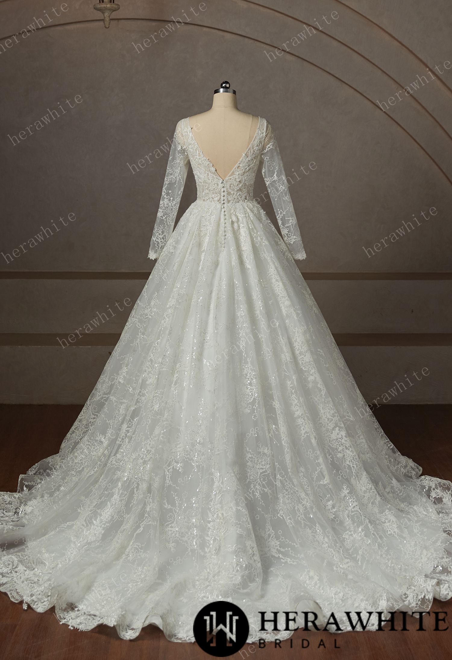 V-Neck Sparkly  Wedding Gown With  Long Sleeve