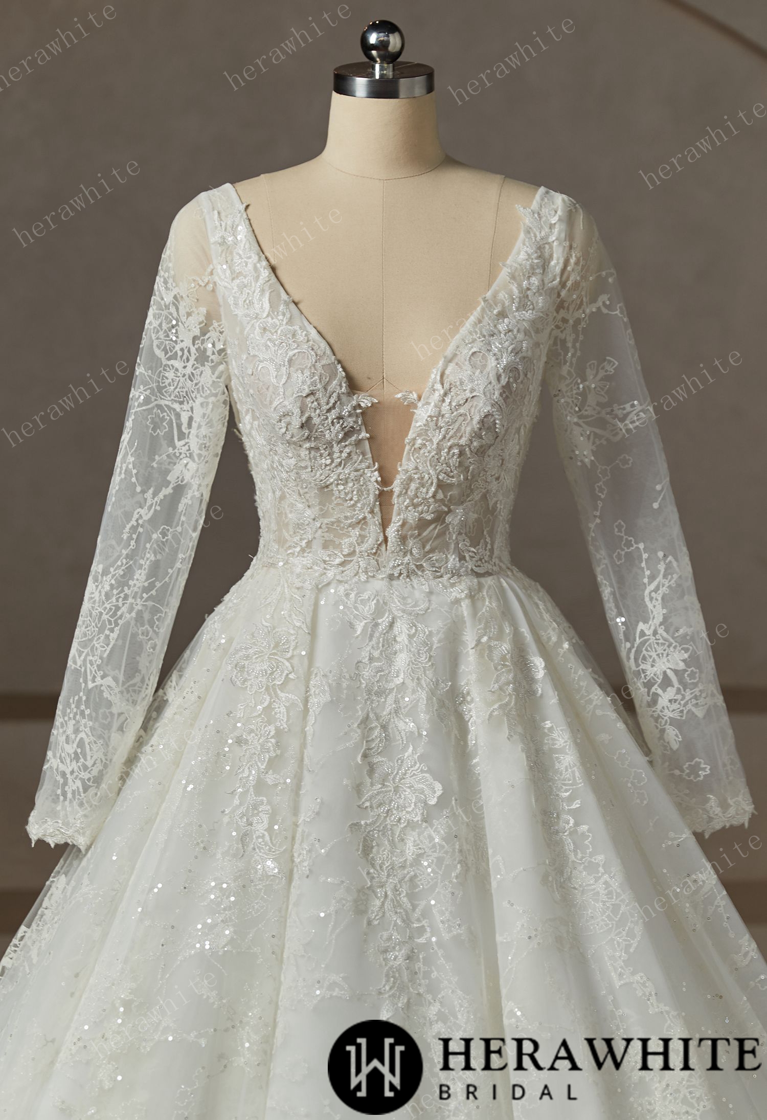 V-Neck Sparkly  Wedding Gown With  Long Sleeve