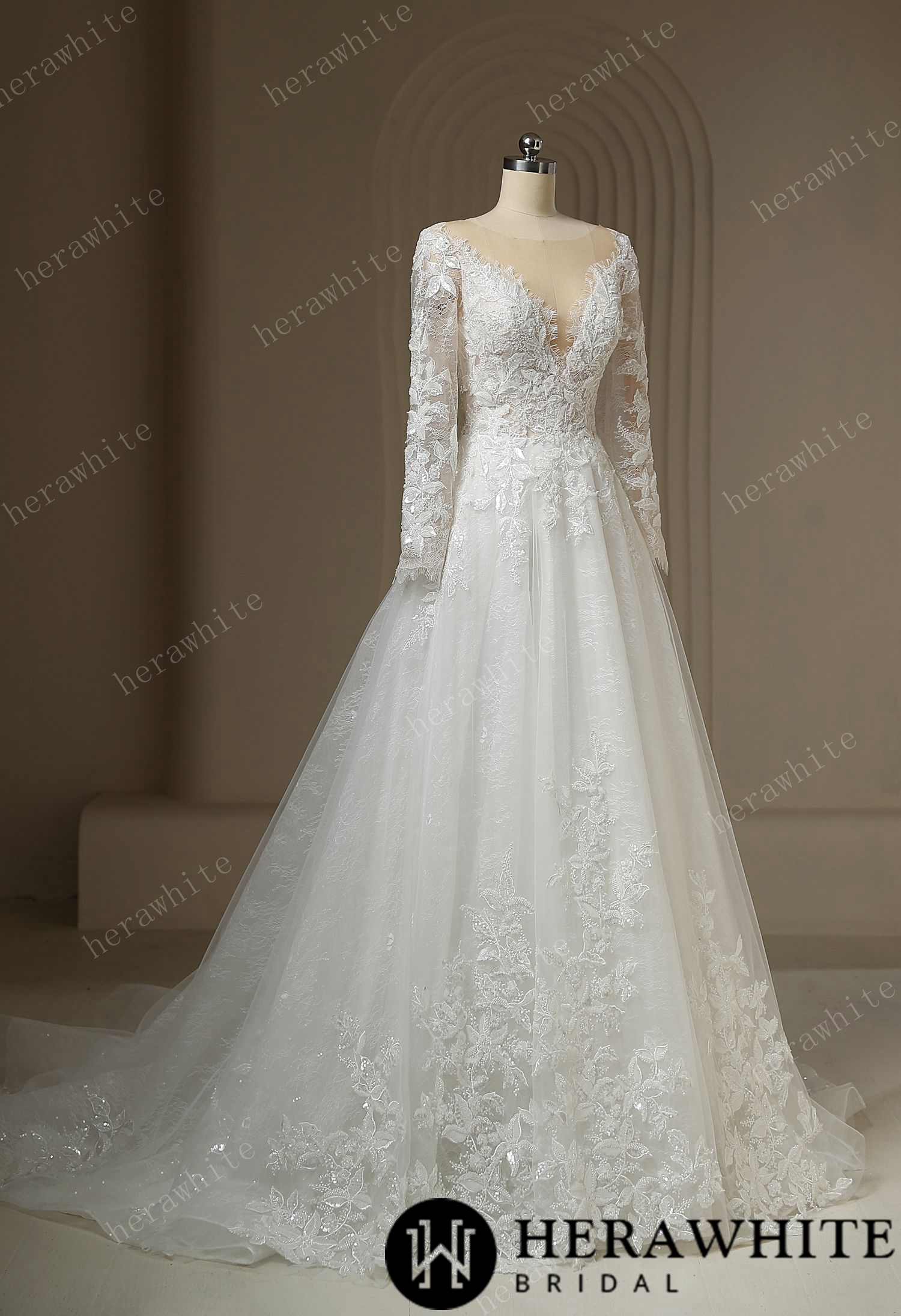 Ilusiion  Lace Long Sleeve Sparkly Wedding Dress
