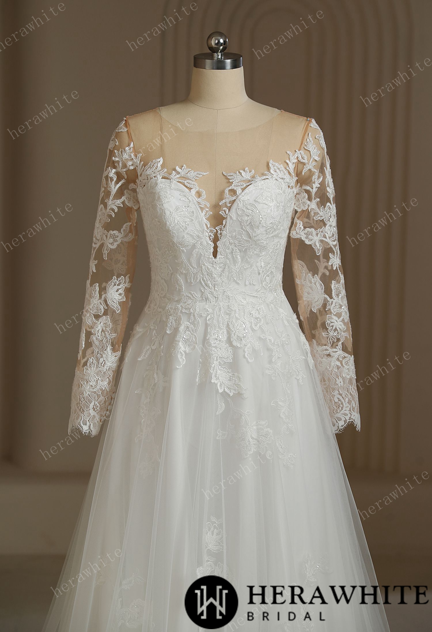 Romantic Sweetheart Long Sleeve Illusion Back  Wedding Dress