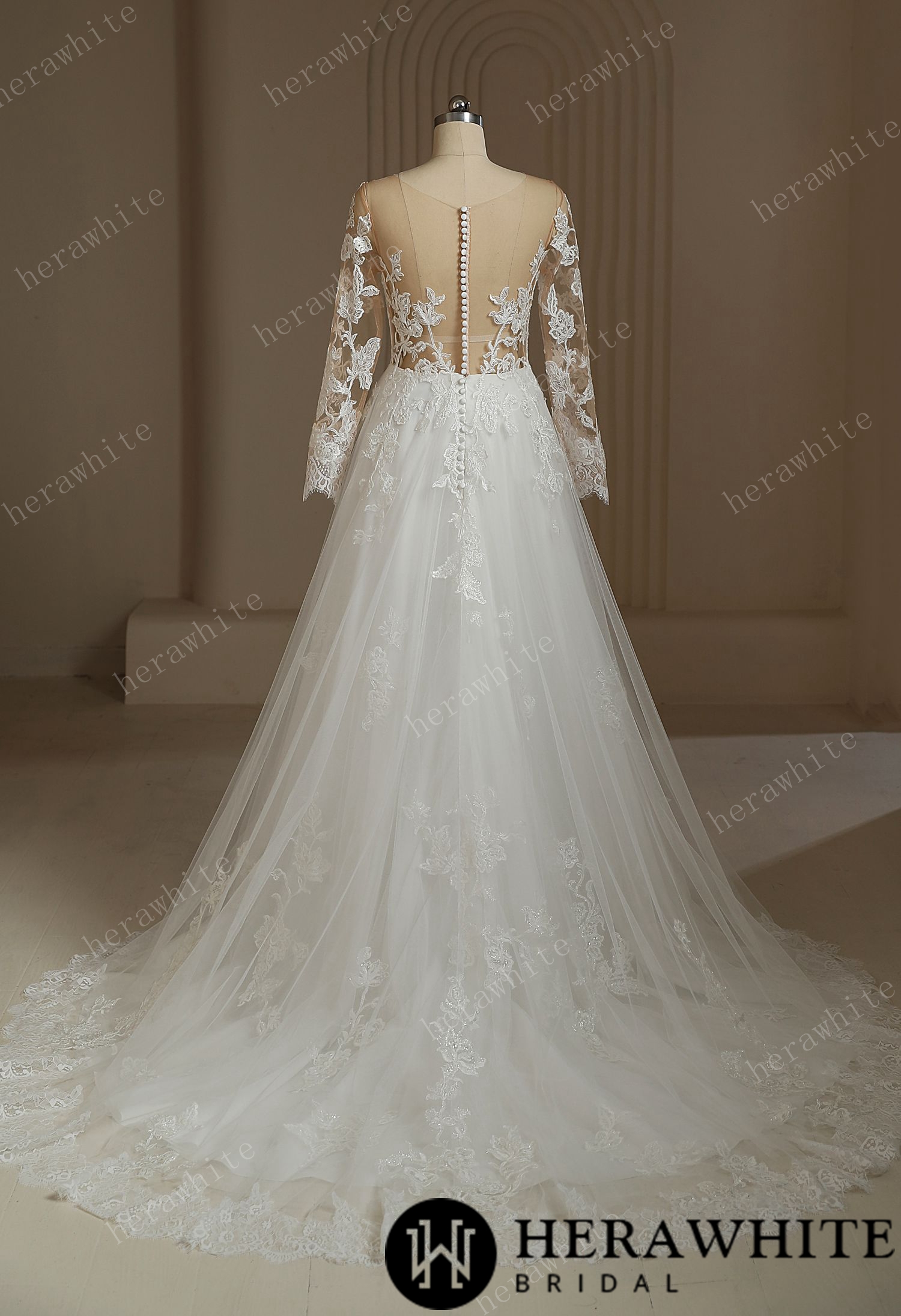 Romantic Sweetheart Long Sleeve Illusion Back  Wedding Dress