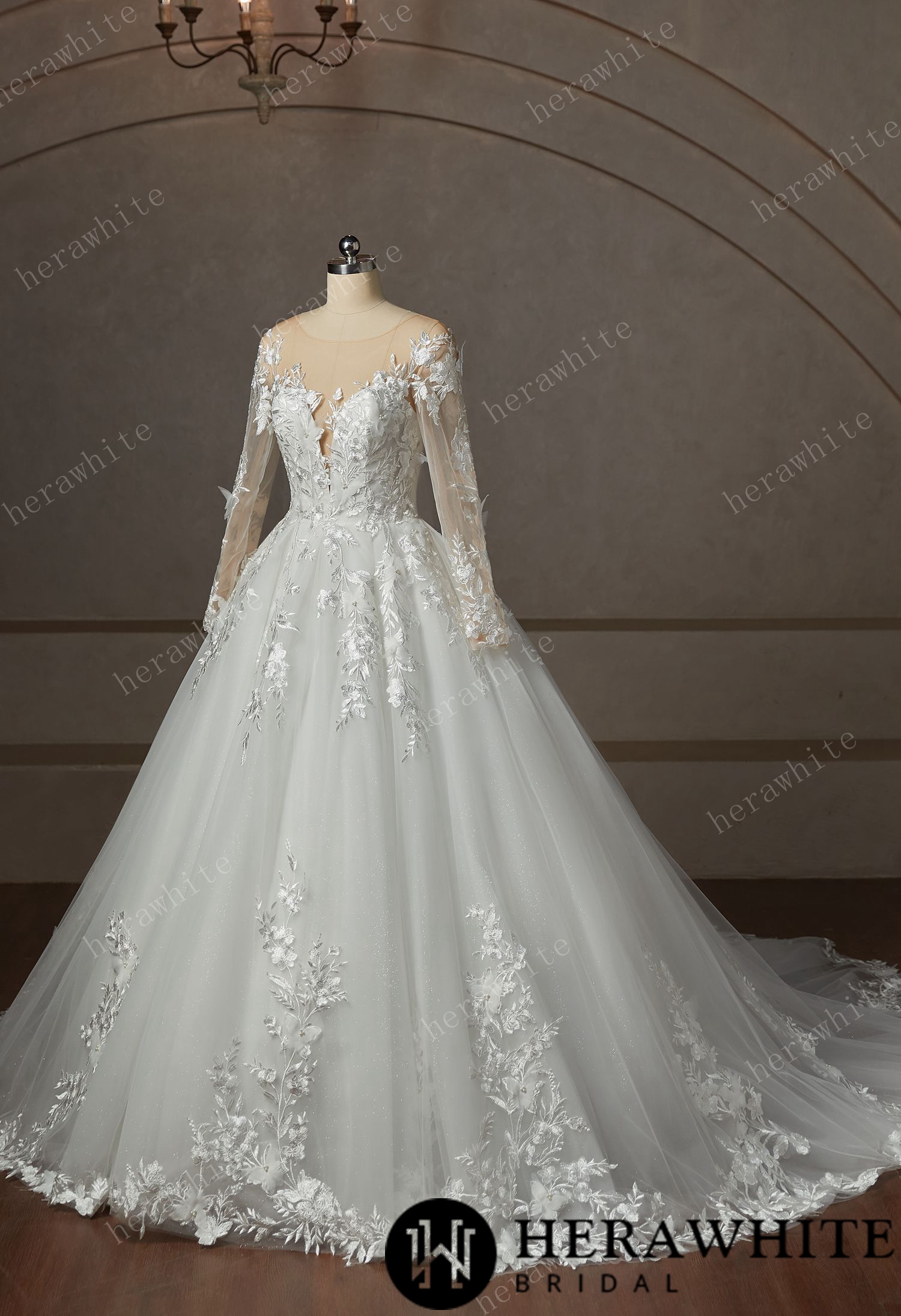 Floral Lace  Wedding Dress With Long Sleeve